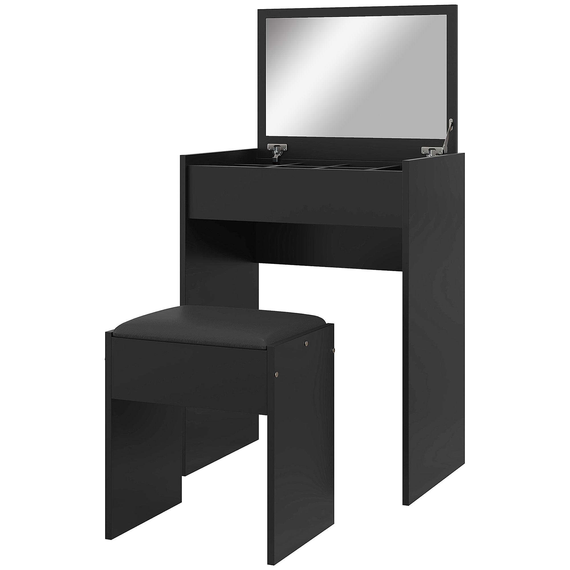 Black Flip Top Vanity Set with Mirror and Stool