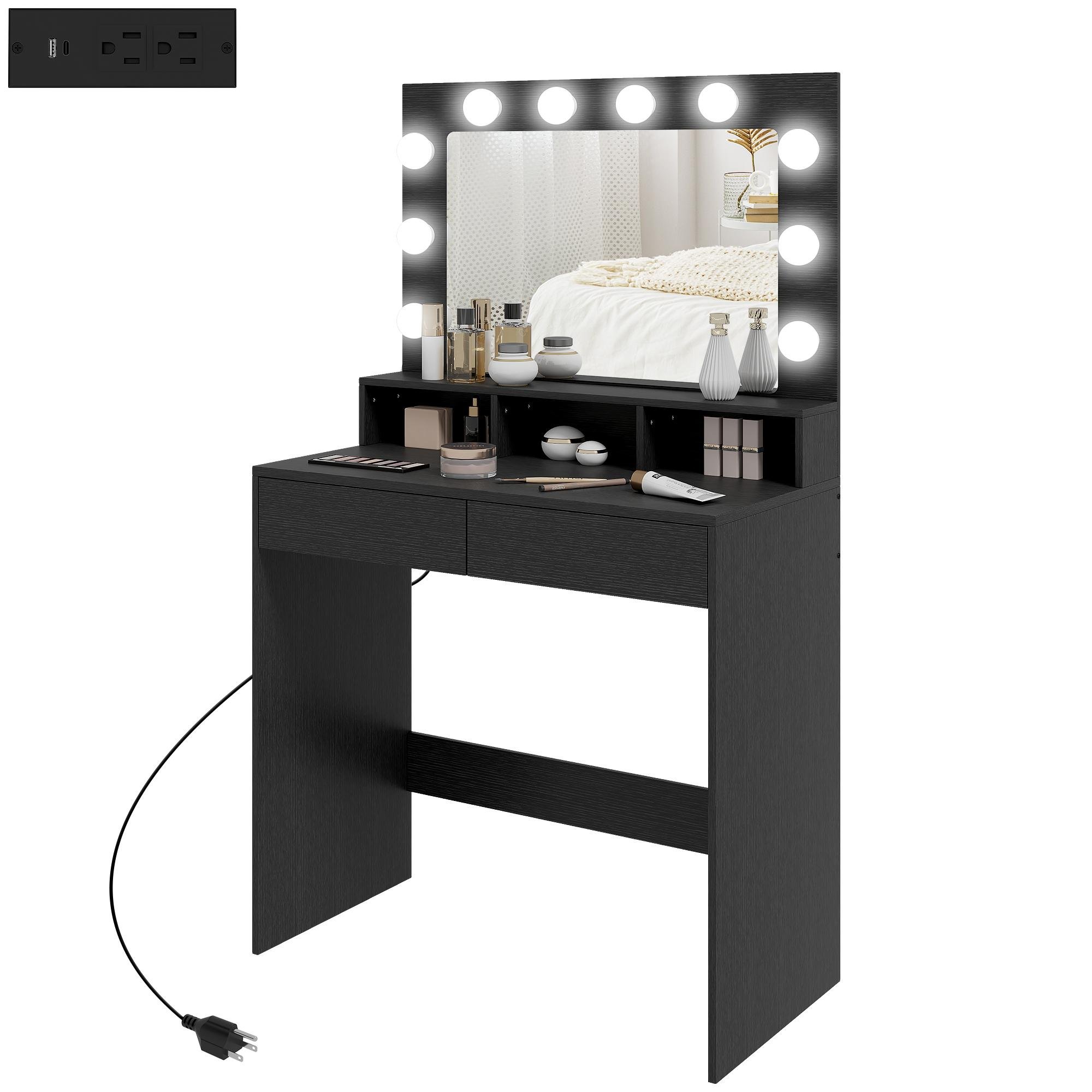 Black Charging Vanity Table with Adjustable LED Mirror