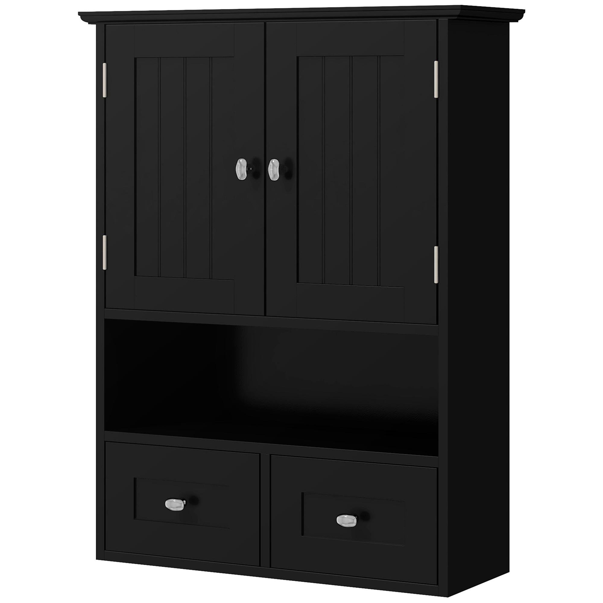 Black Engineered Wood Wall Cabinet with Doors and Drawers
