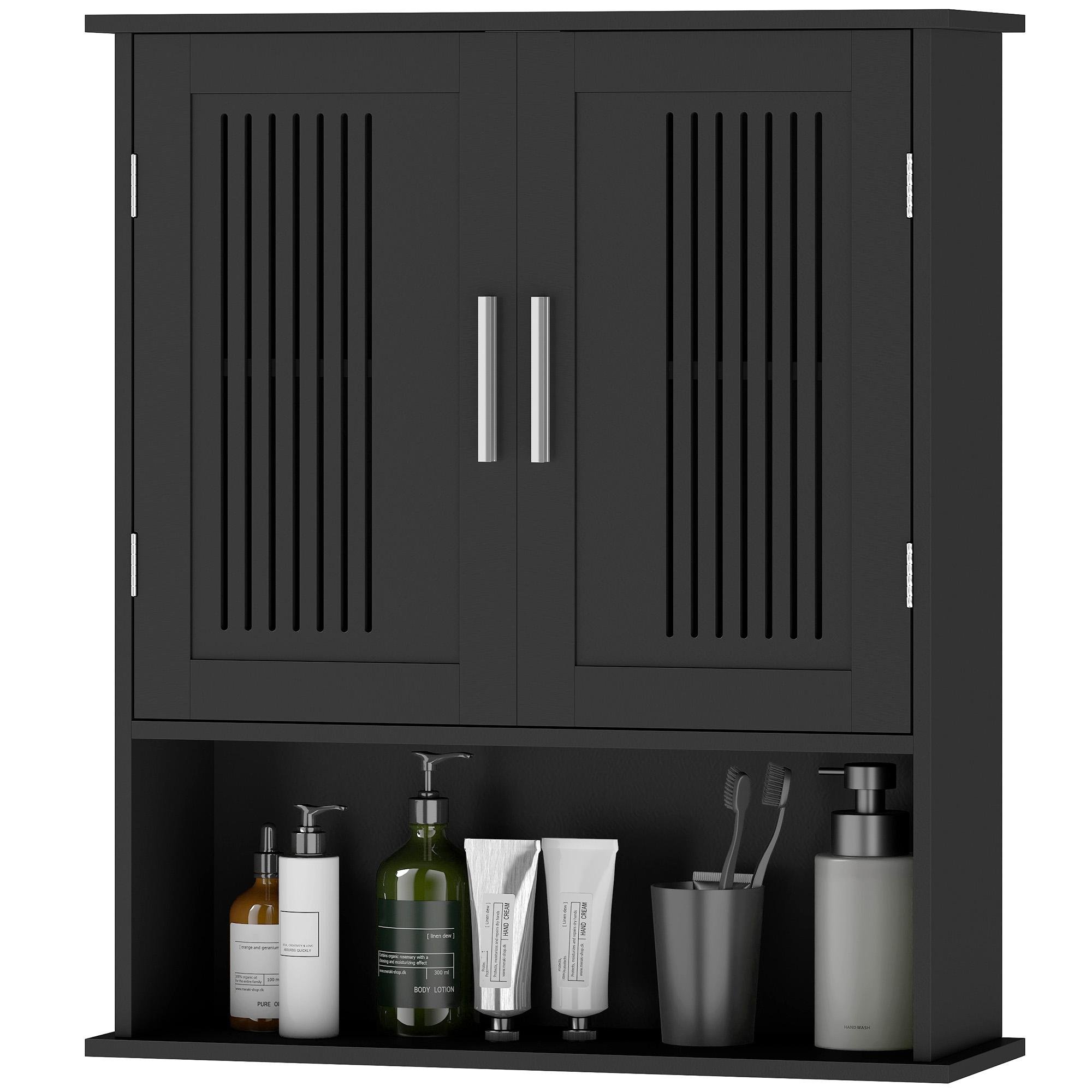 Black Slatted Wall Cabinet with Adjustable Shelf, 23.6 in