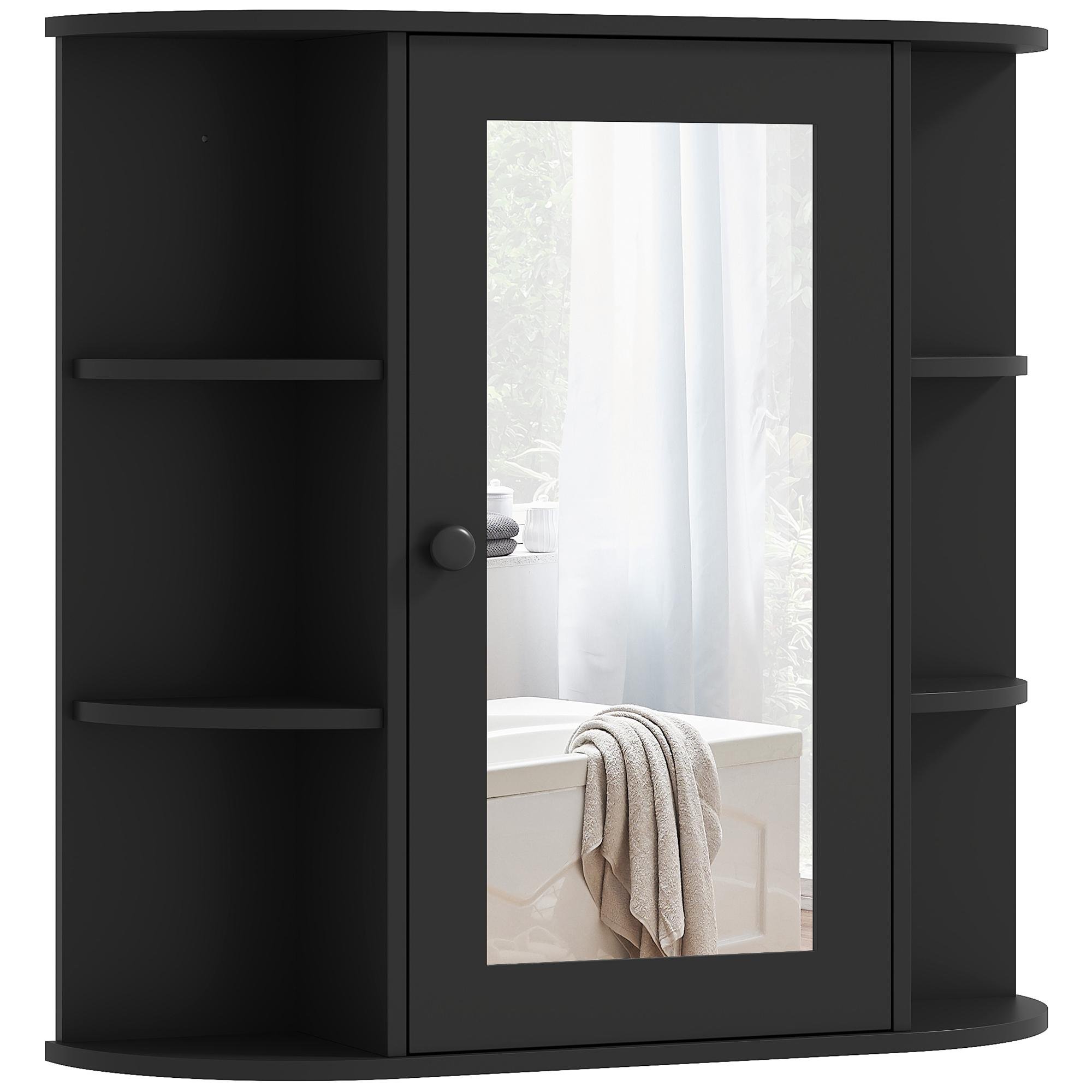 Black Mirrored Wall Cabinet with 6 Storage Compartments