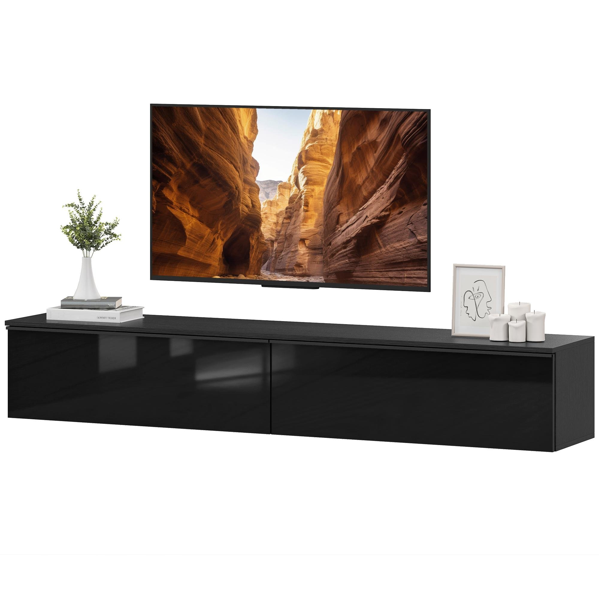 70 Inch Black Floating Cabinet with High Gloss Storage