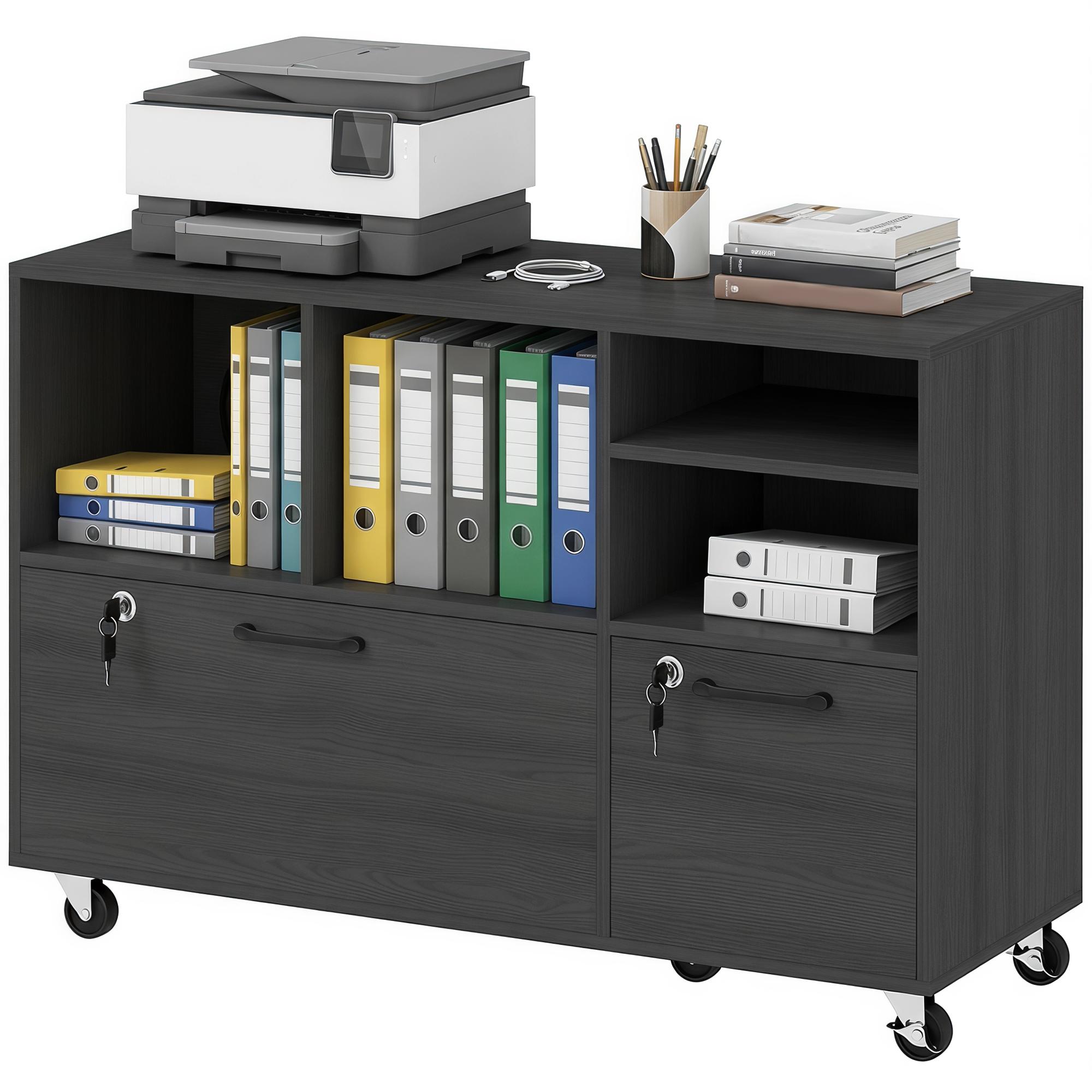 Black Lateral Printer Cabinet with Charging Station