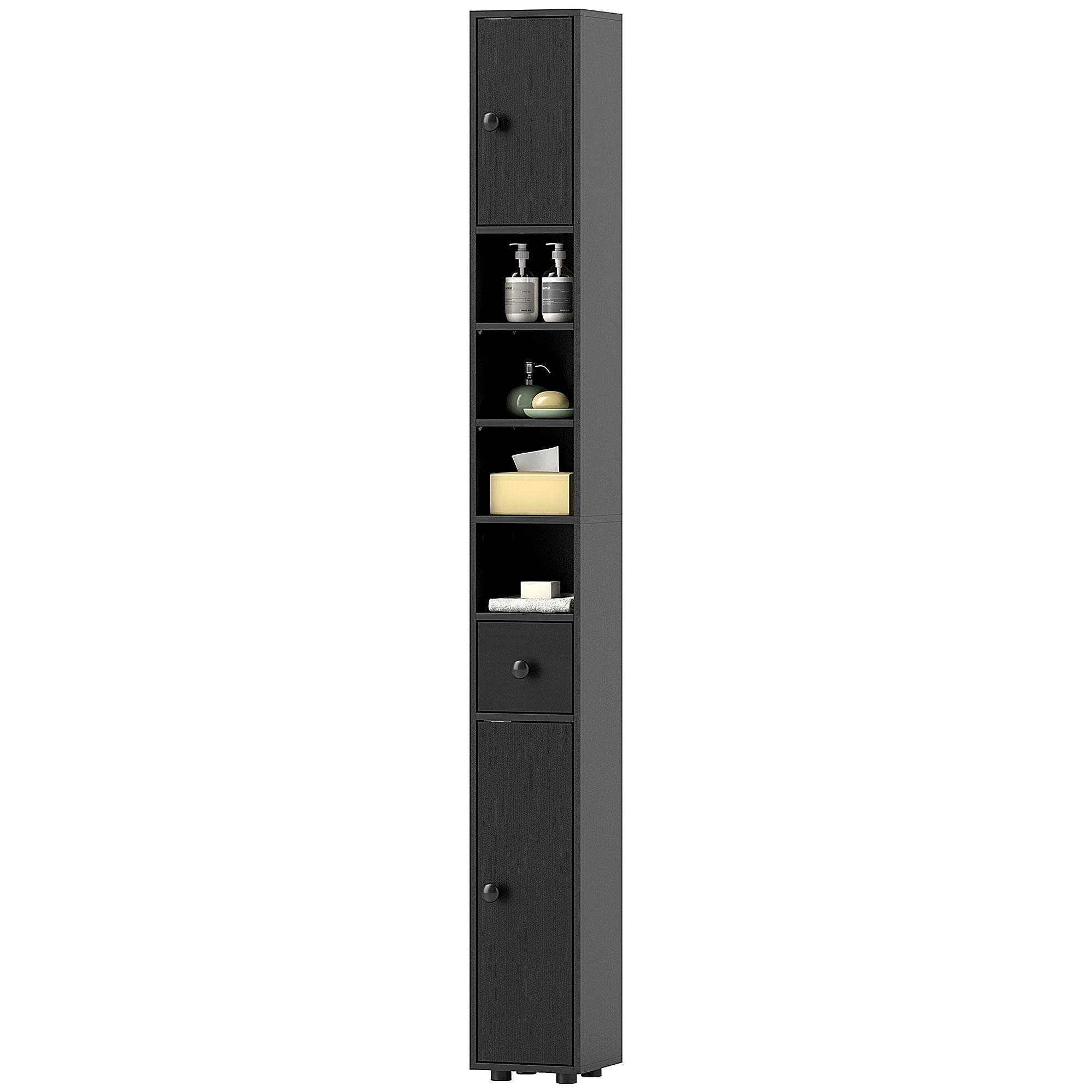 Black Wood Grain Bathroom Tower with Open Shelves