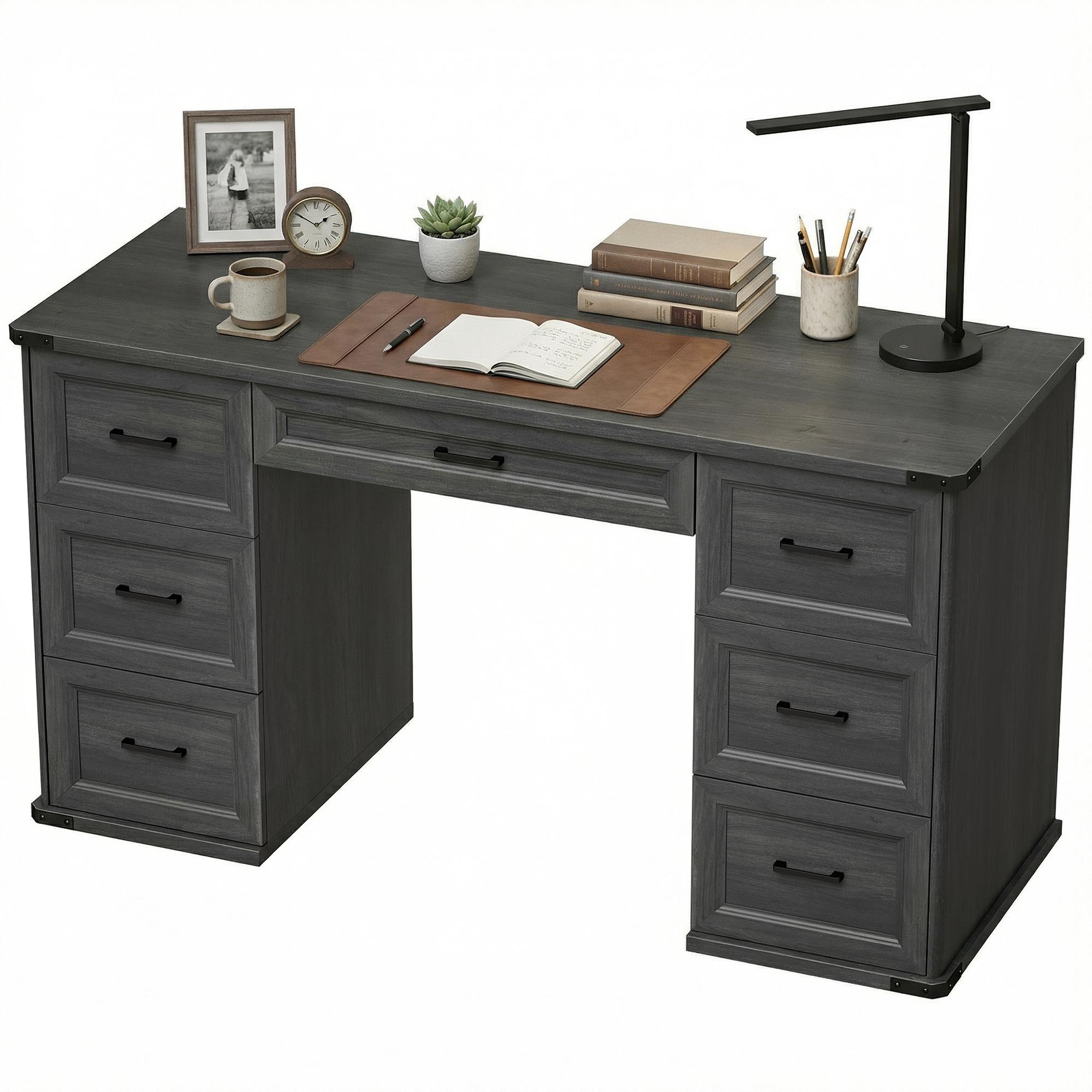 Black 7 Drawer Desk with 55.1-Inch Farmhouse Workspace