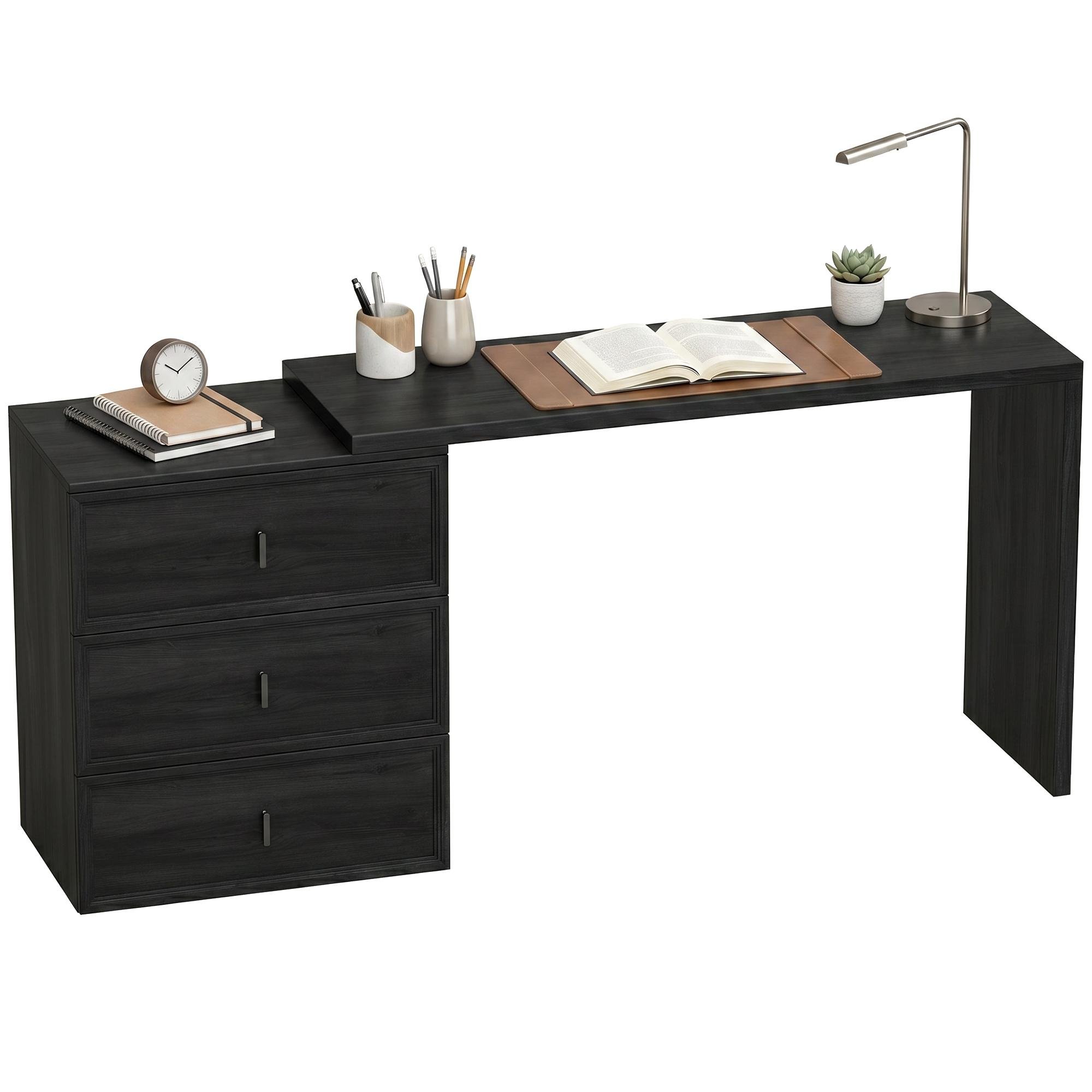 Black Reversible 3 Drawer Desk, 64.2-Inch Home Office