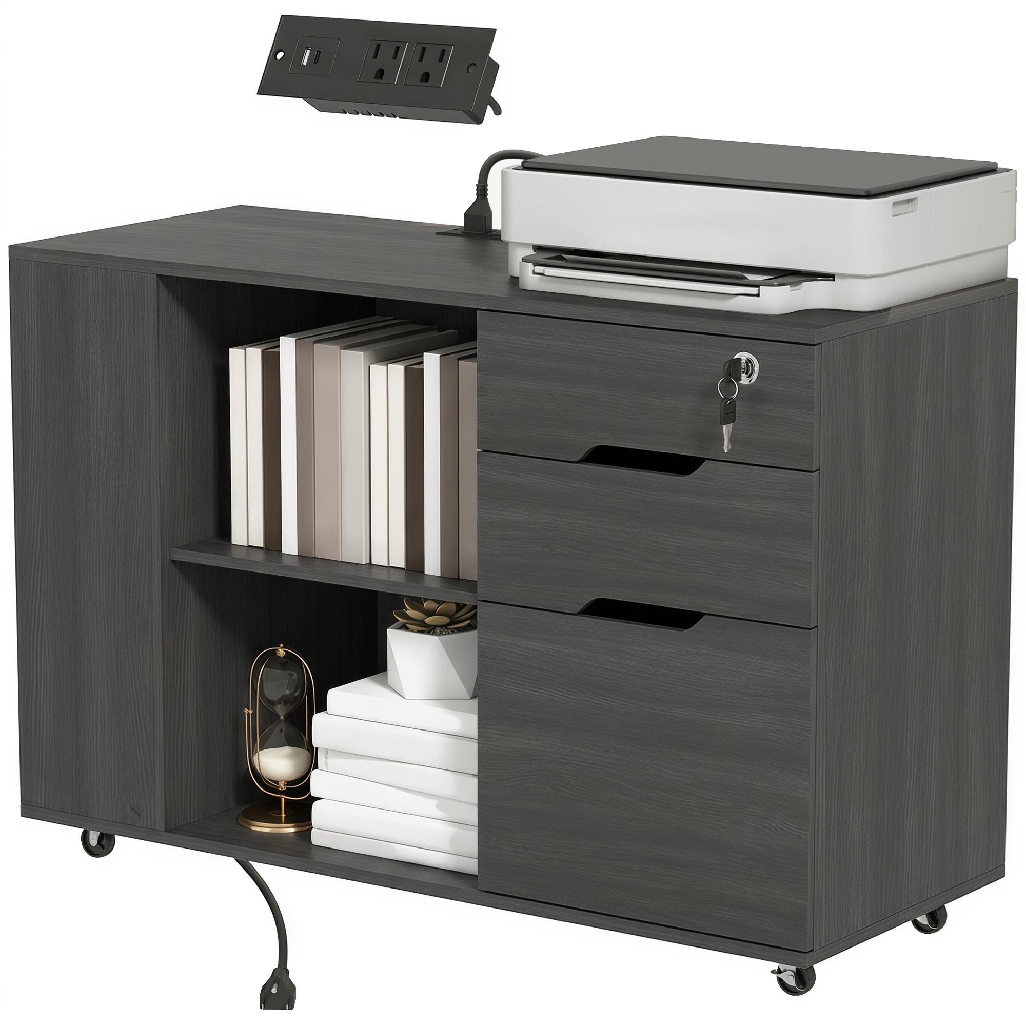 Black Wood Grain Office Cabinet with Power Outlets