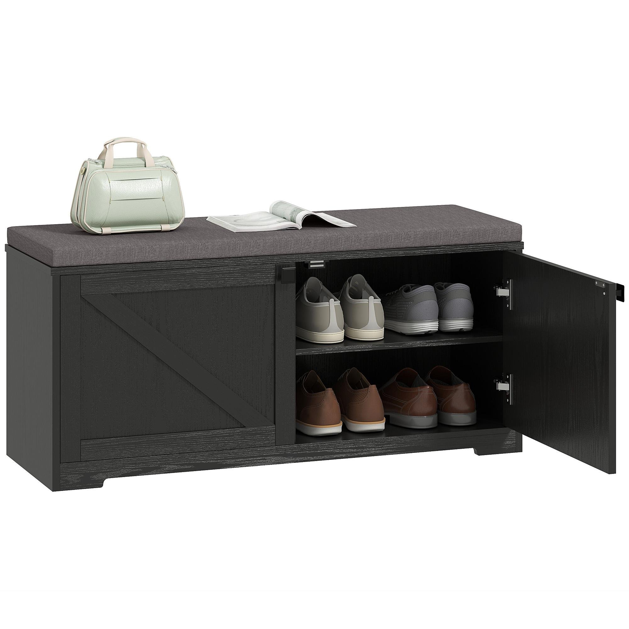 Black Wood Grain Shoe Bench with Padded Seat, 8 Pairs