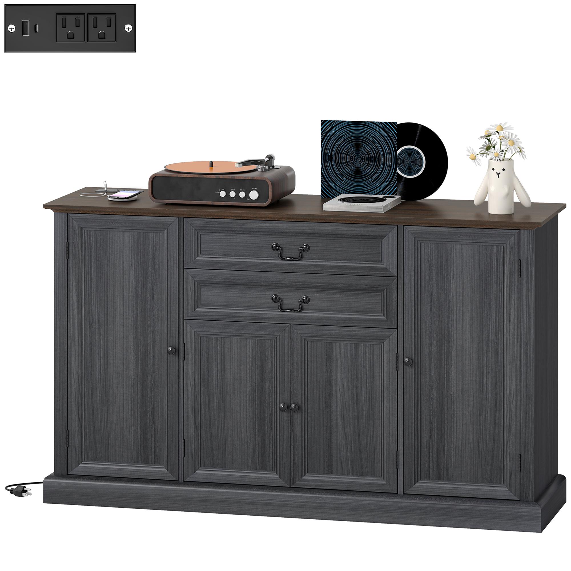 Black Charging Station Sideboard, 57.9-Inch Farmhouse Storage