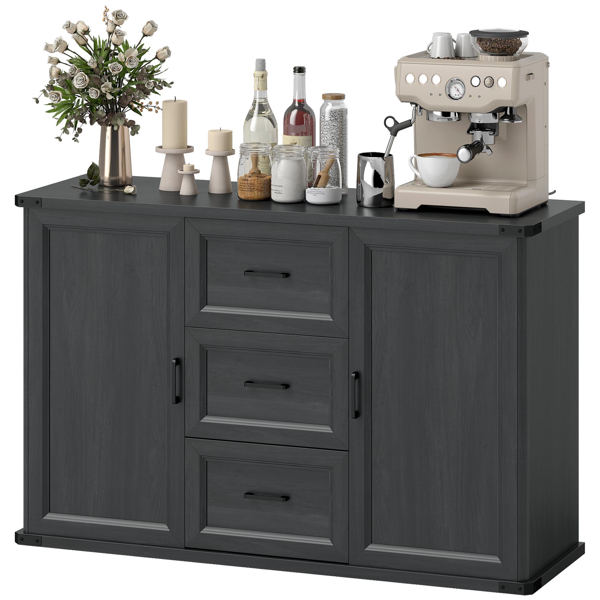 Black Three Drawer Sideboard with Two Doors and Adjustable Shelves