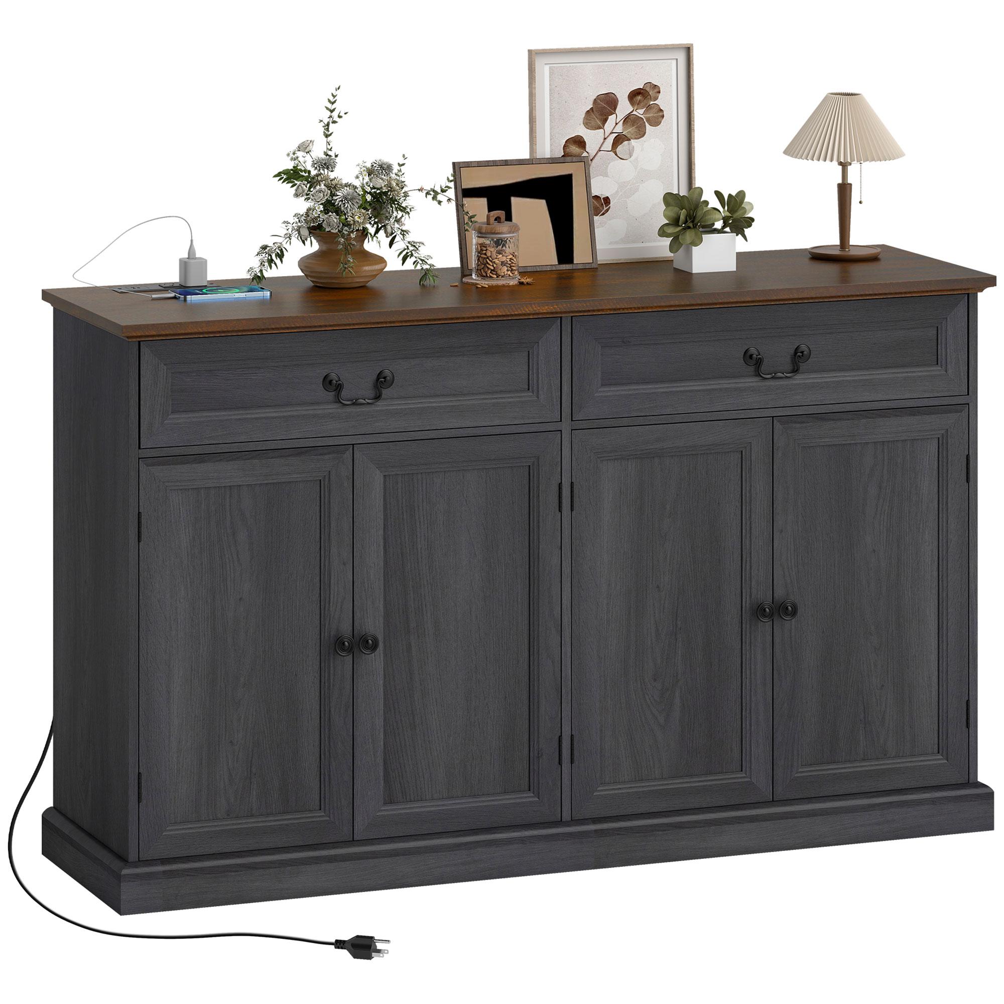 Black Wood Grain Charging Sideboard, 55.1-Inch Storage Cabinet