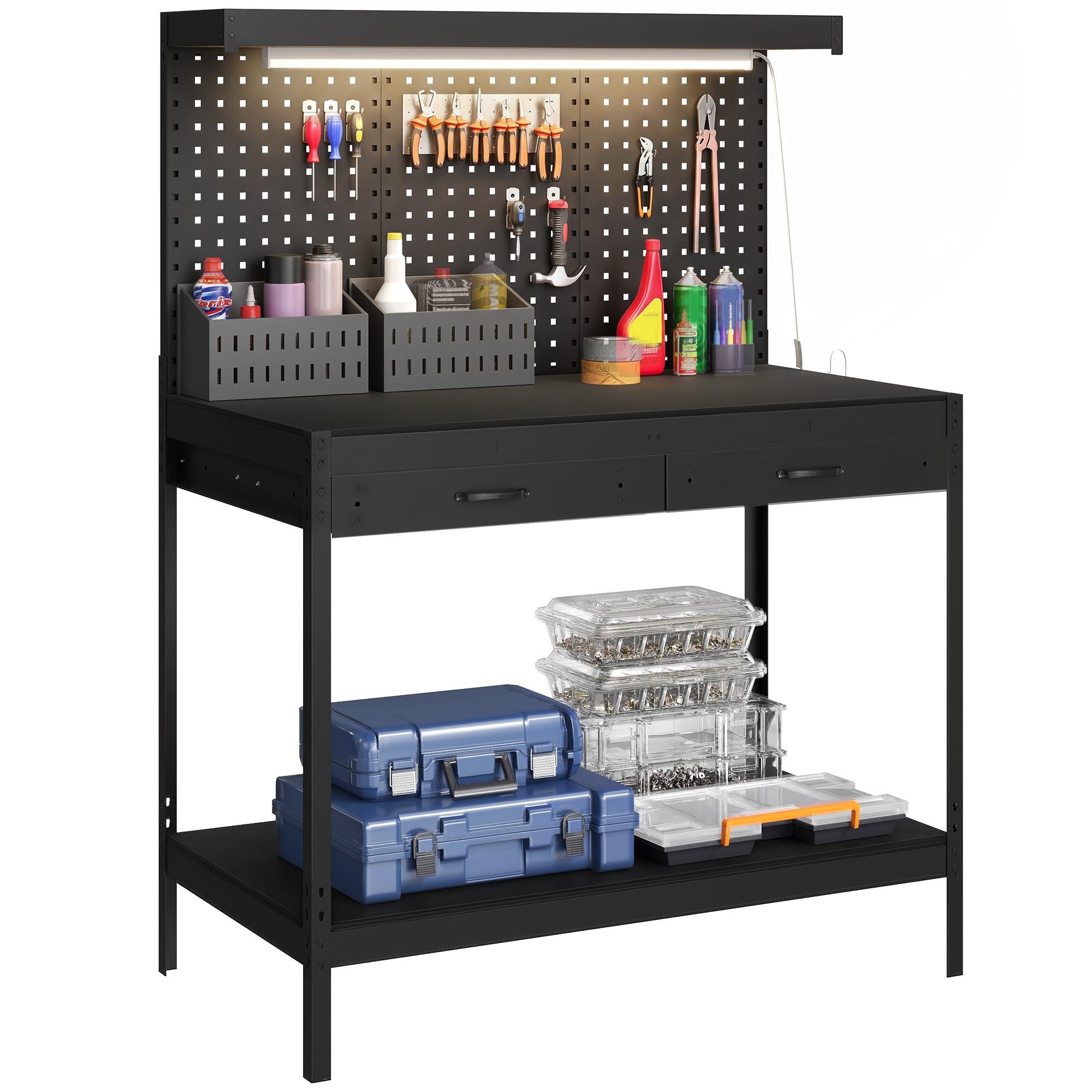 Black 43.3 Inch Workbench with LED Light and Pegboard