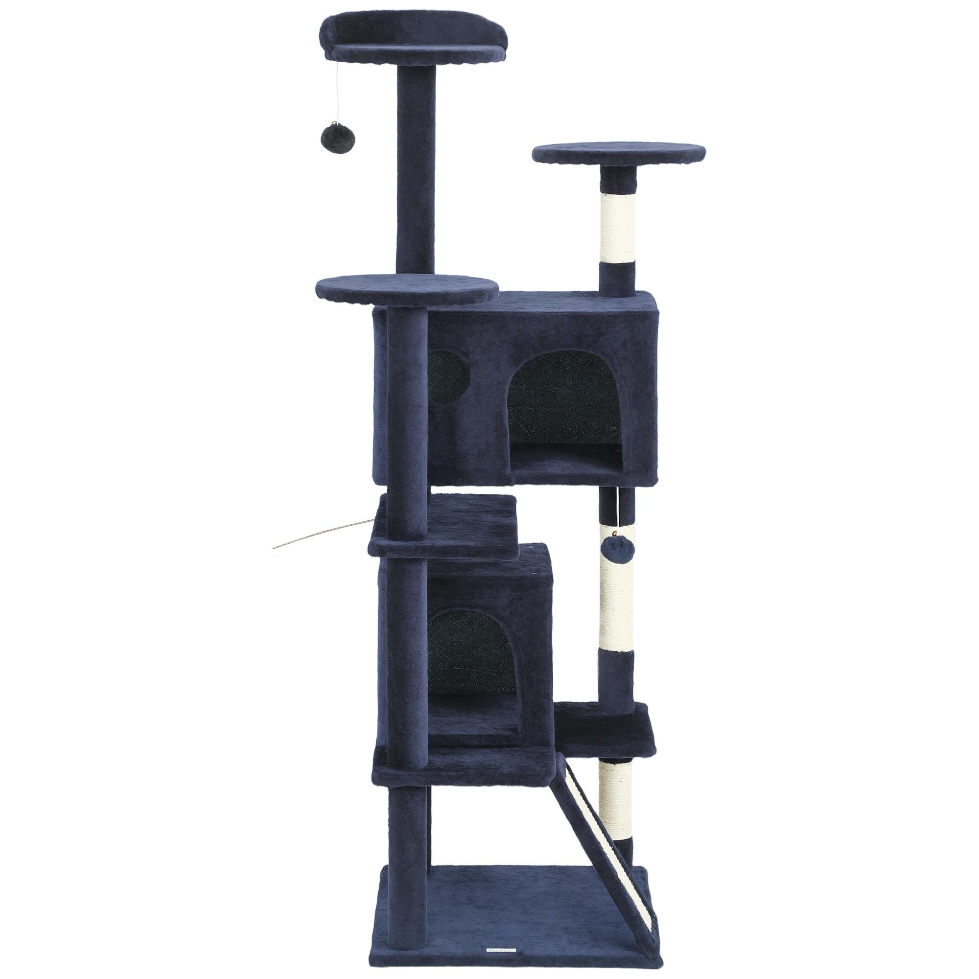 63 Inch Blue Cat Tree with Condos and Scratching Ramp