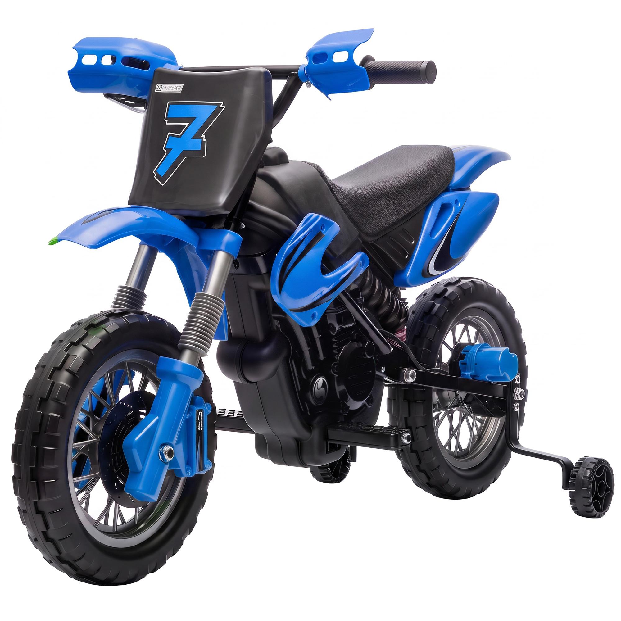 blue 12v electric dirt motorcycle with training wheels