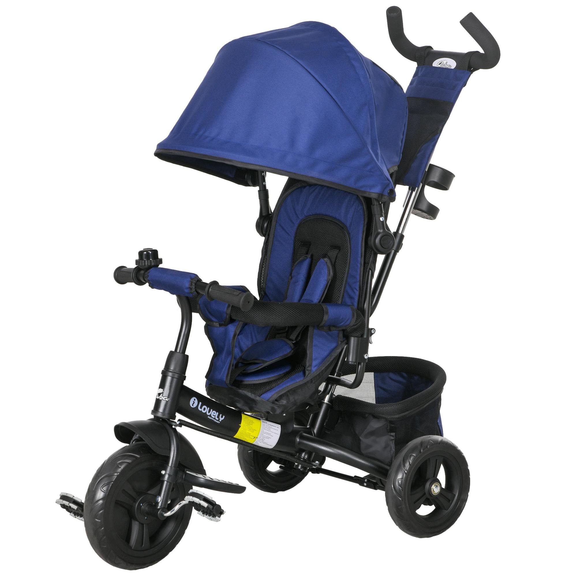 Blue 6-in-1 Toddler Tricycle with Parent-Push Handle