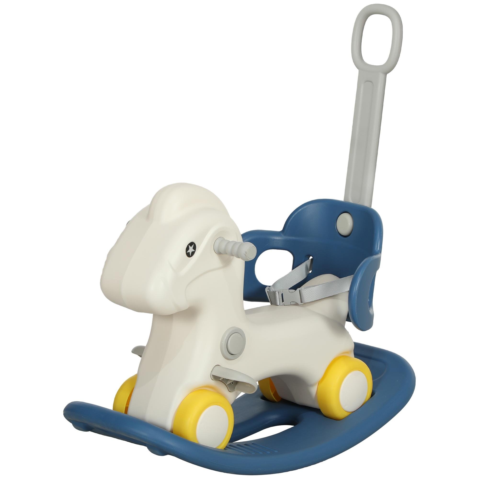 Blue Convertible Horse Rocker with Detachable Push Handle