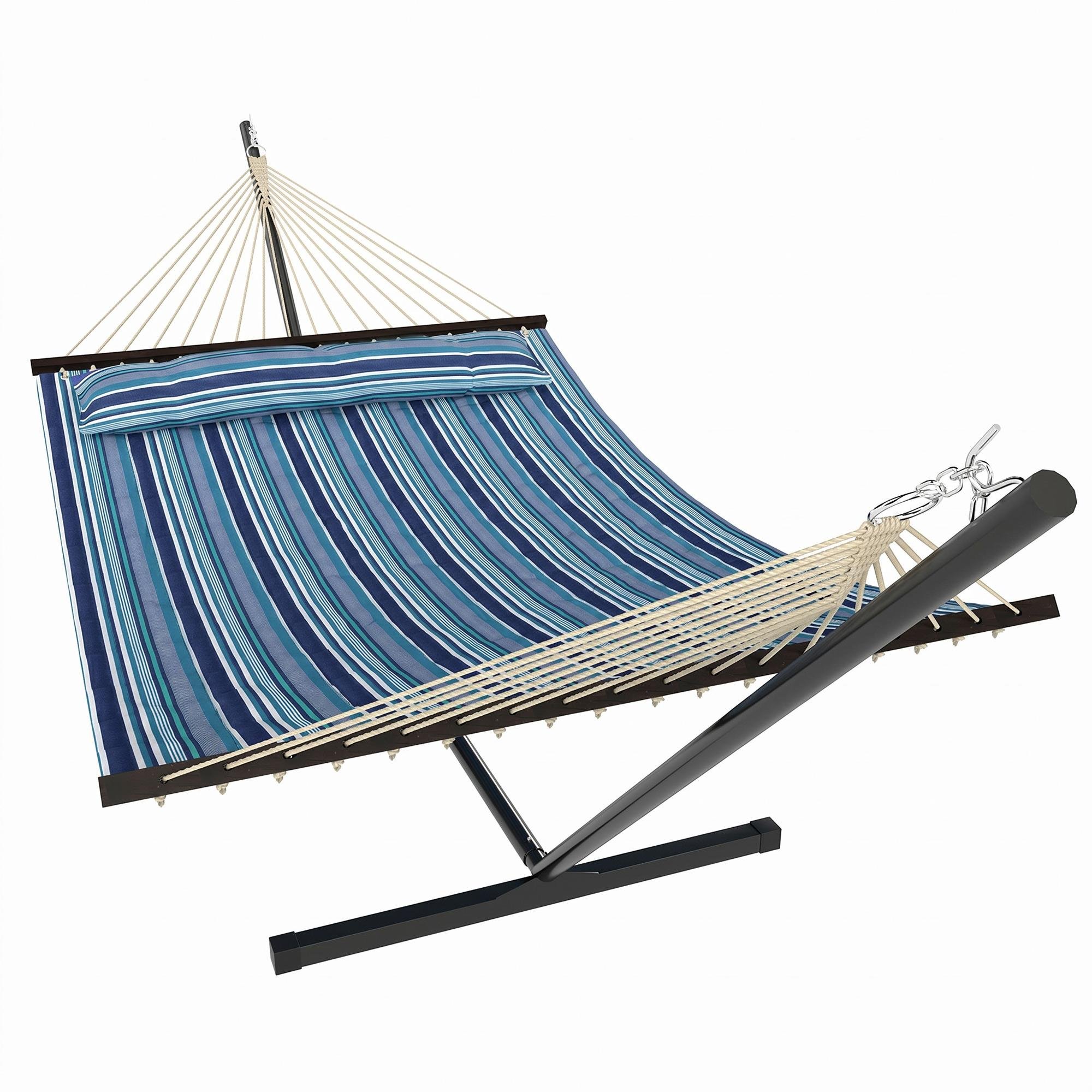 Blue Striped Hammock Stand with Steel Frame for Patio