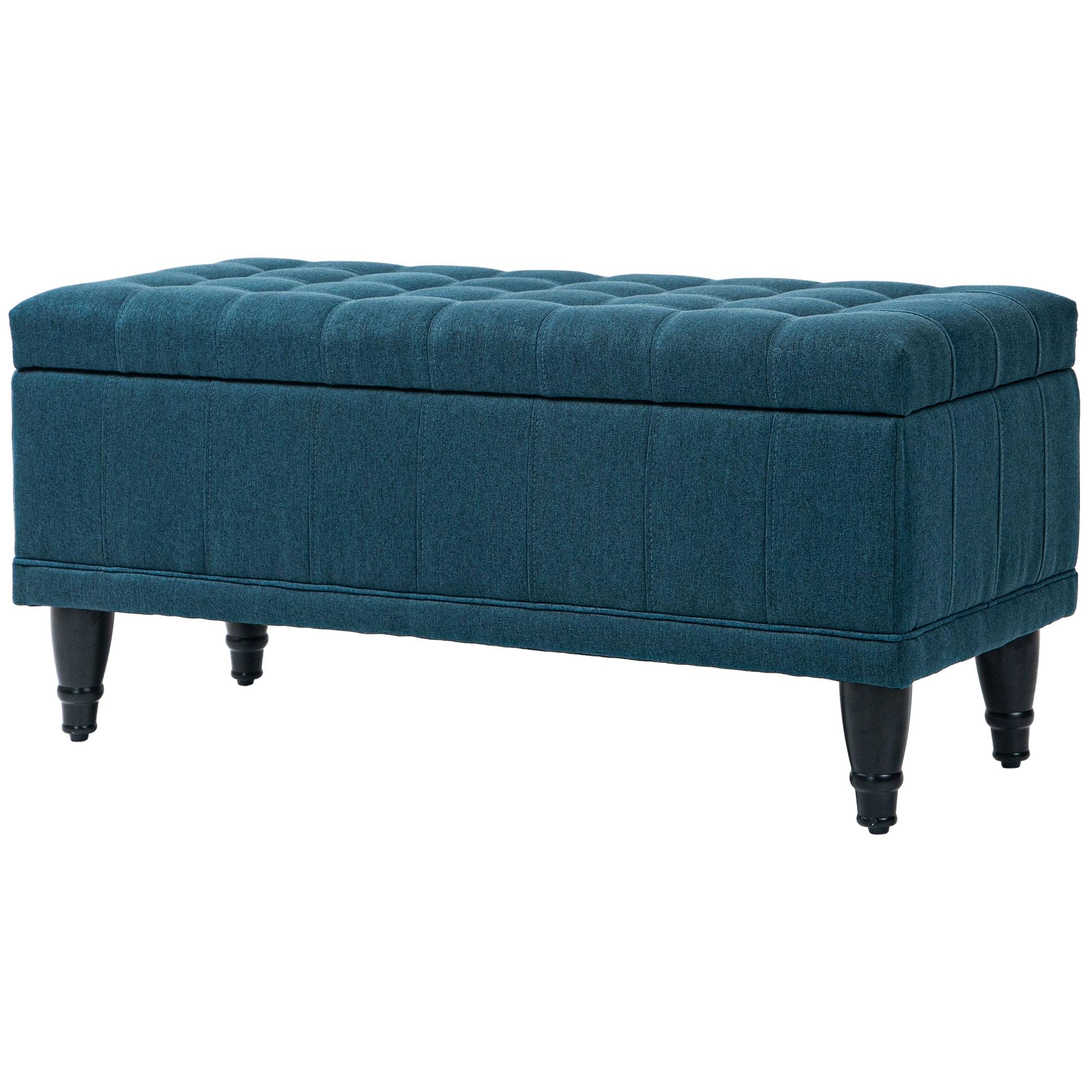 Blue Button Tufted Ottoman Bench with Hidden Storage