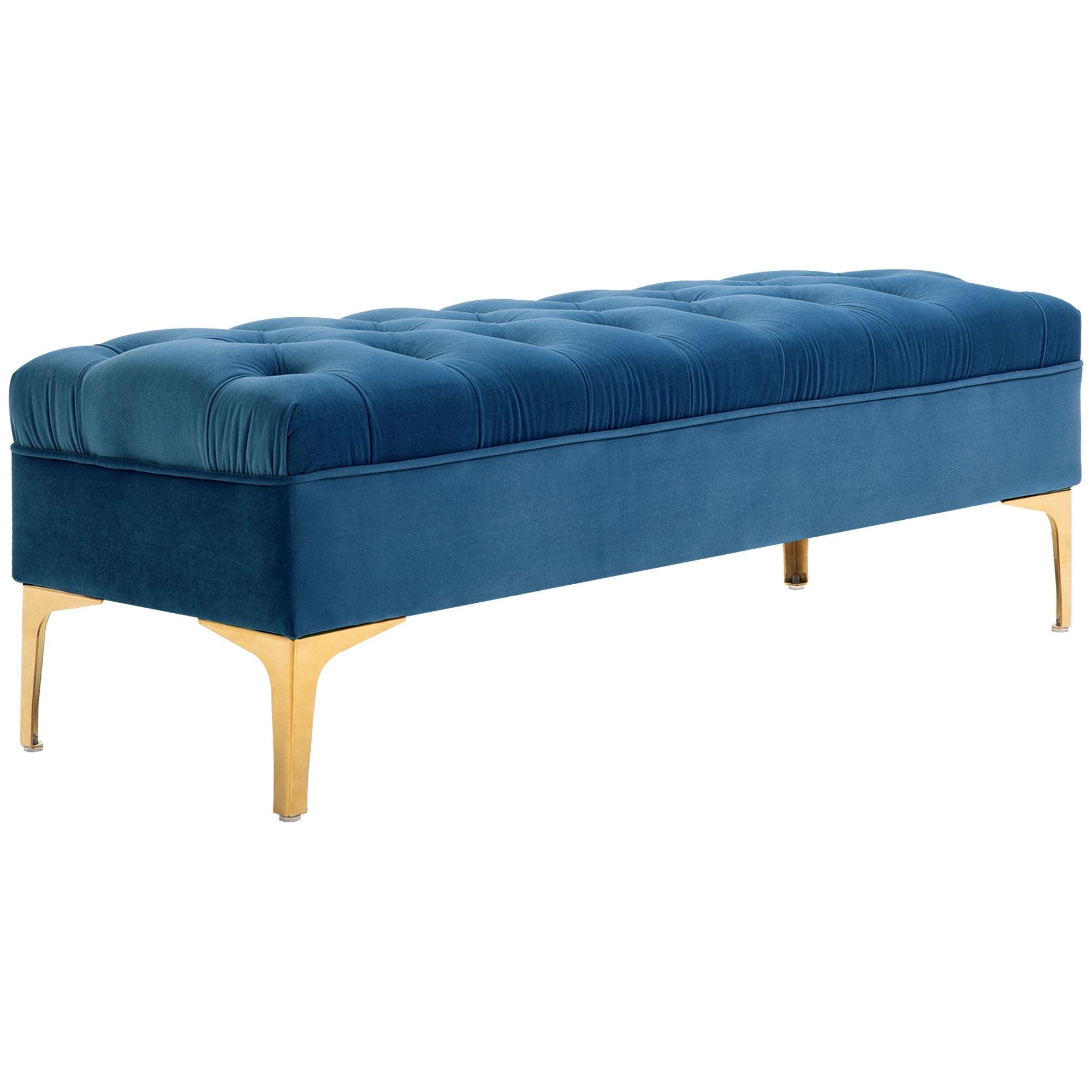 Blue Velvet End Bed Bench with Button Tufting