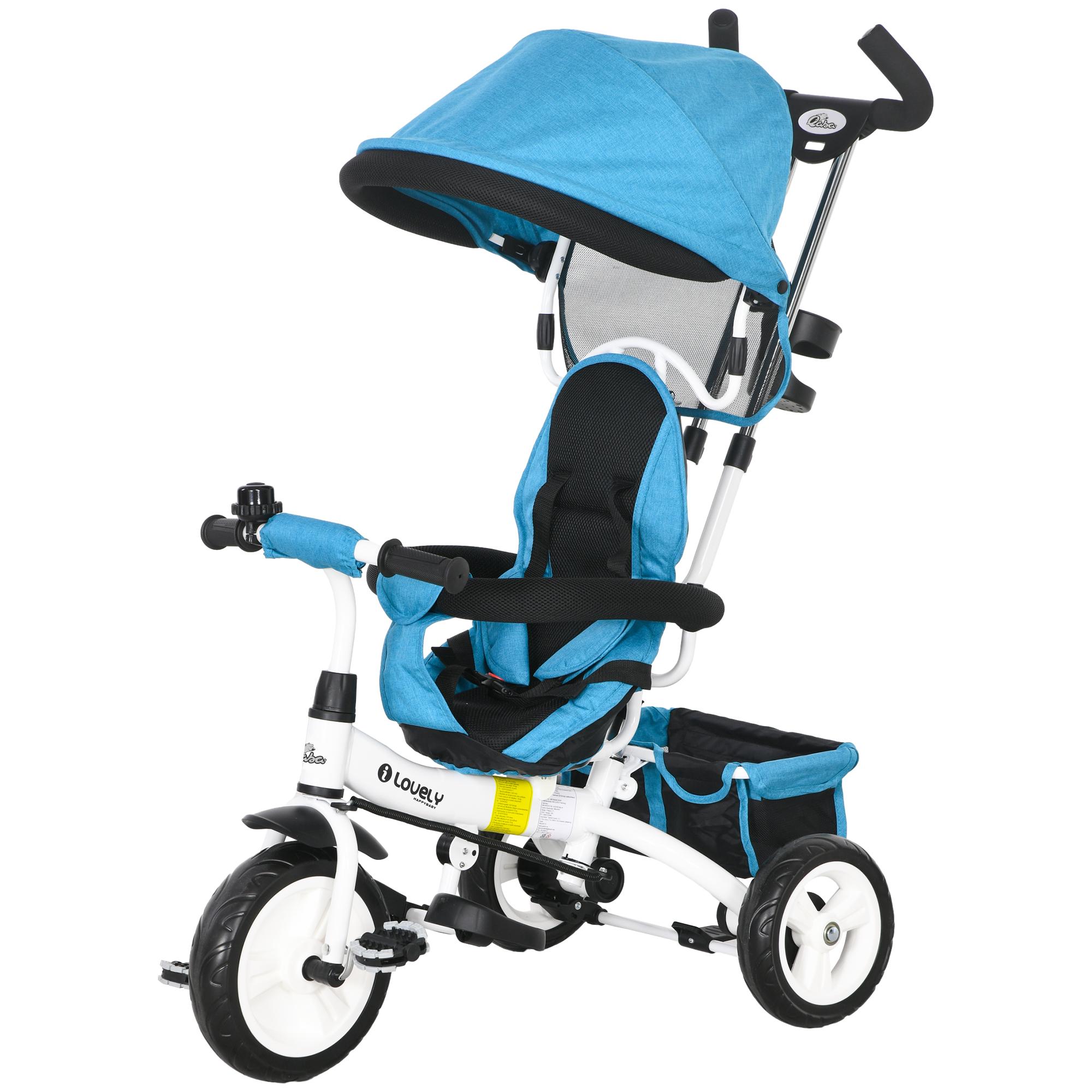 Blue Convertible Stroller Tricycle with Parent Push Control