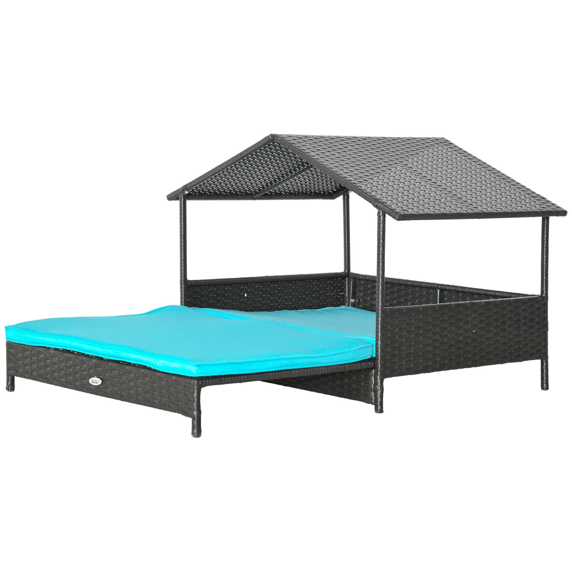 Blue Canopy Rattan Pet Bed with Cushion for Small to Medium Dogs