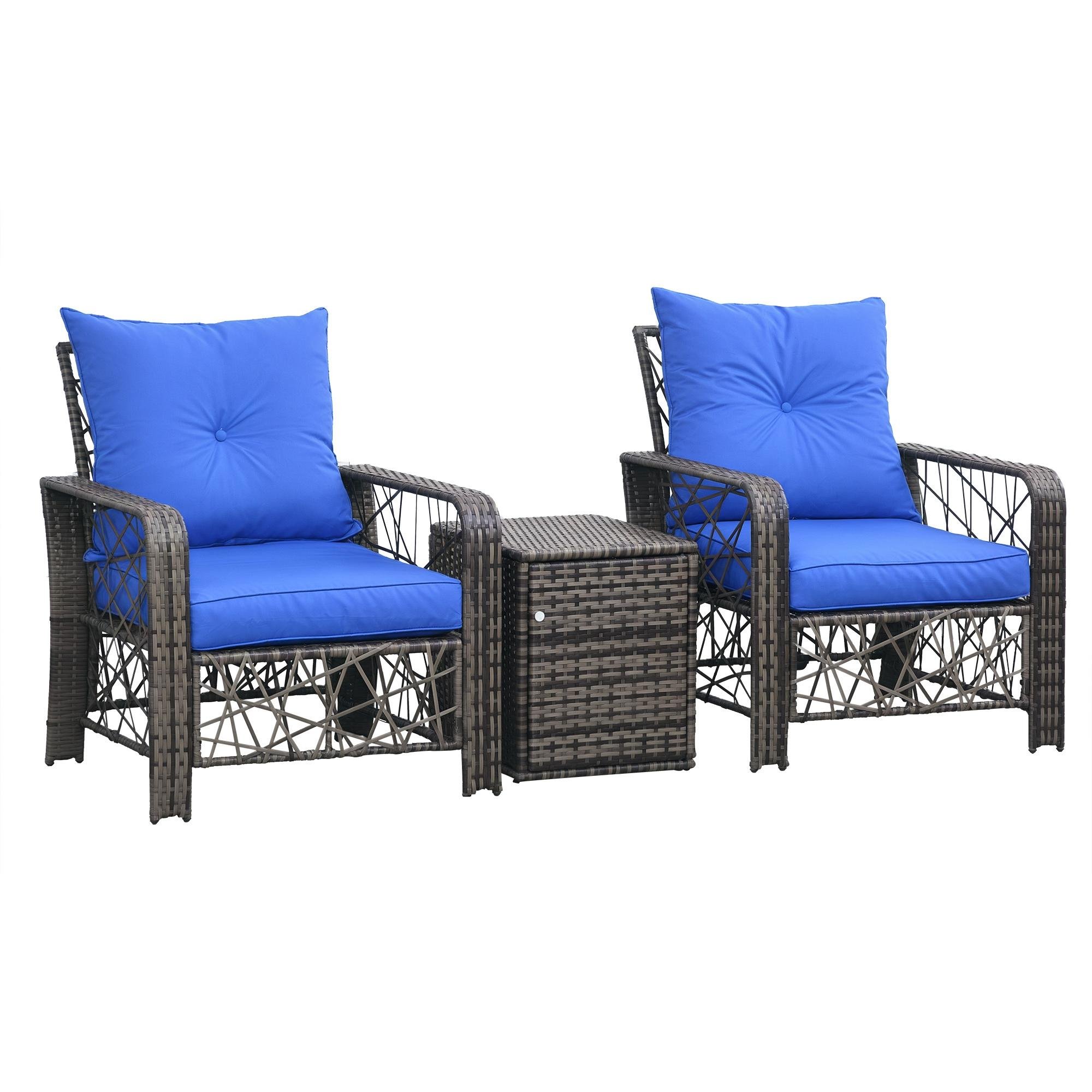 Blue Storage Wicker Set with Cushions for Outdoor Seating