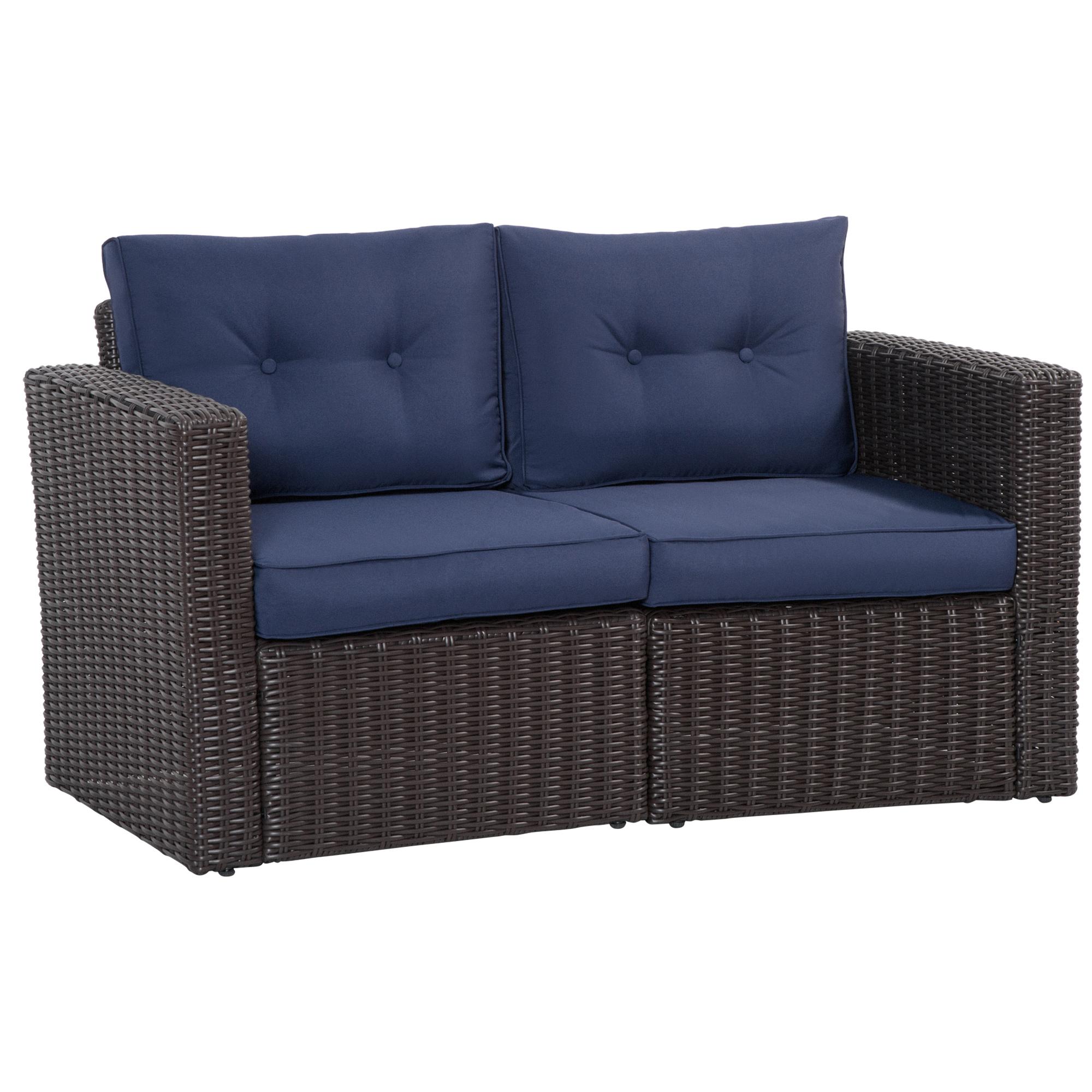 Blue Half Round Rattan Loveseat Set with Cushions
