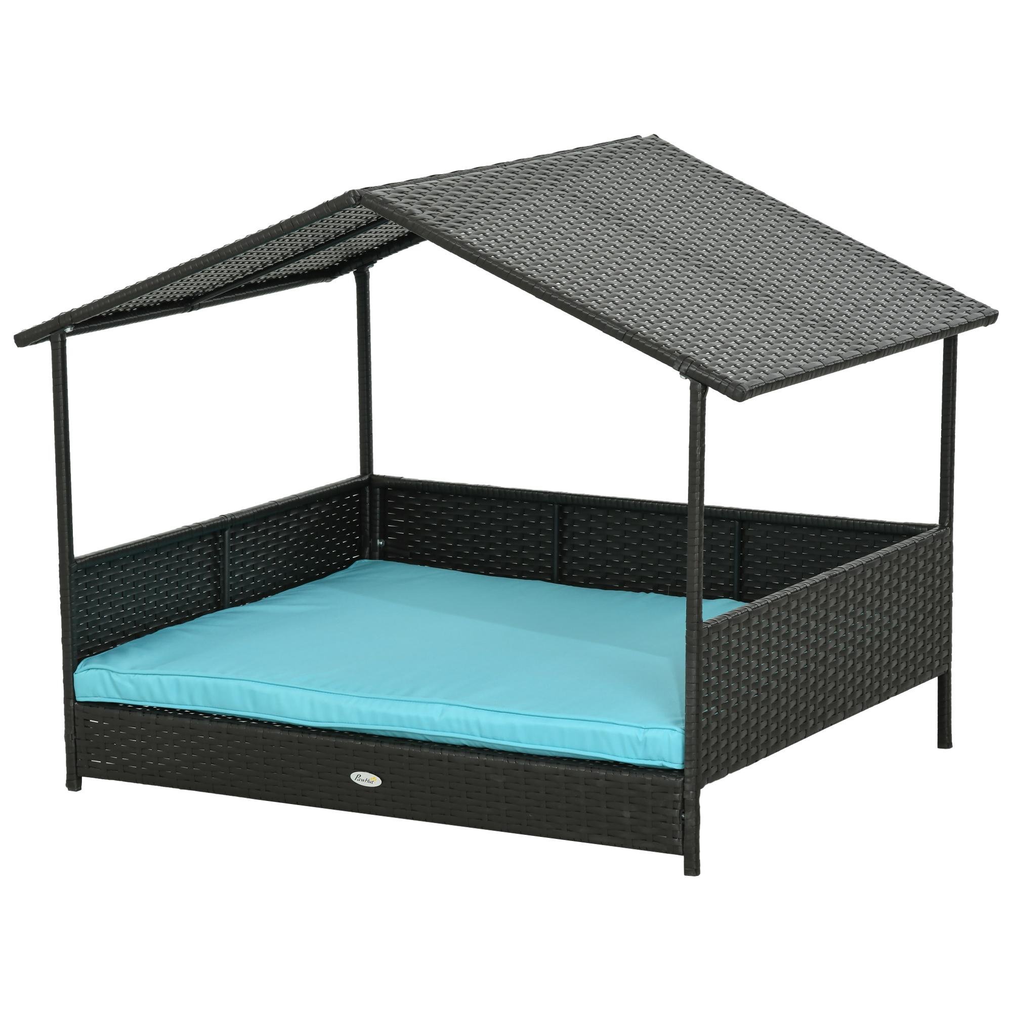 Blue PE Rattan Dog Cot with Canopy, 117 cm