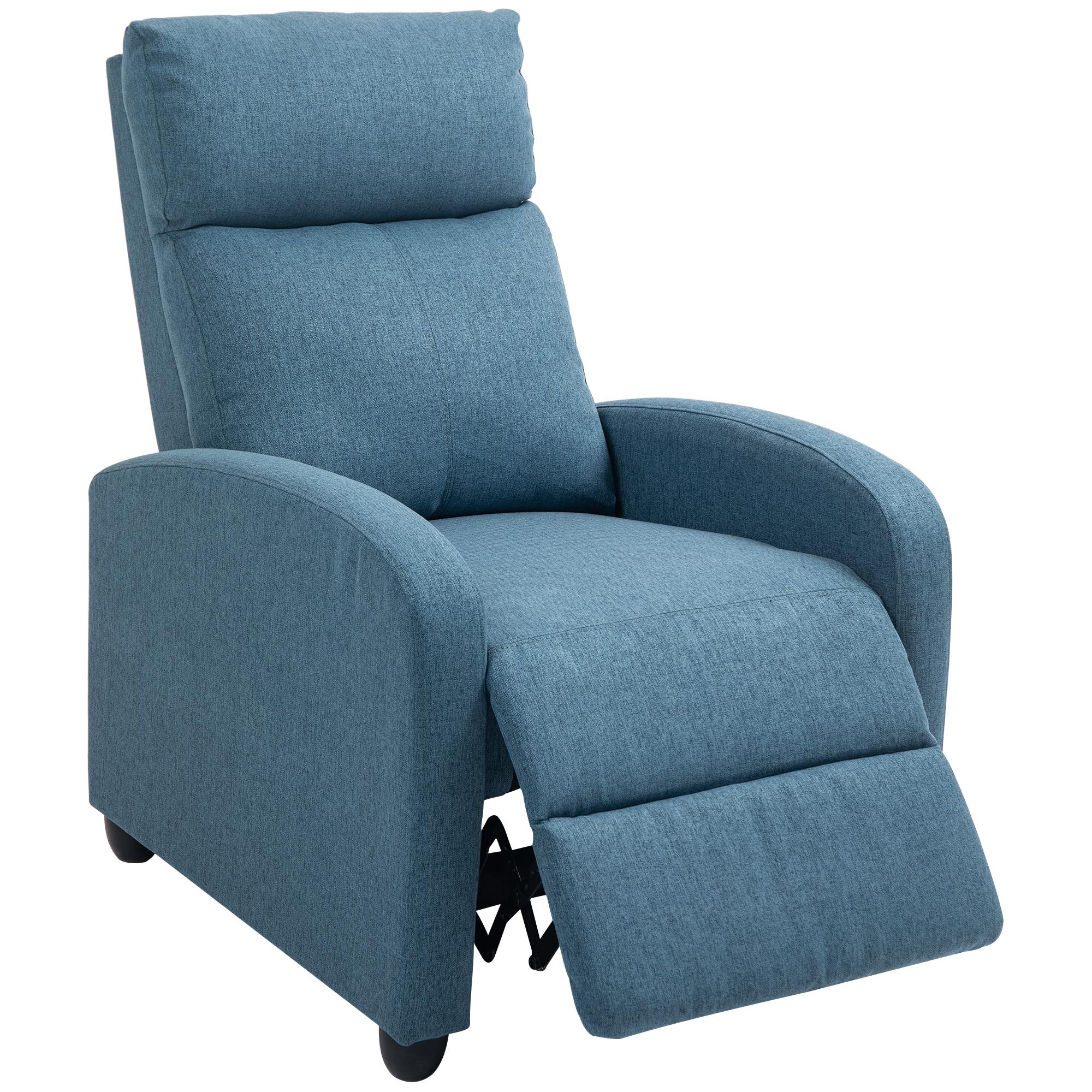 Blue Linen Recliner Chair – Manual Push-Back Seating for Small Spaces