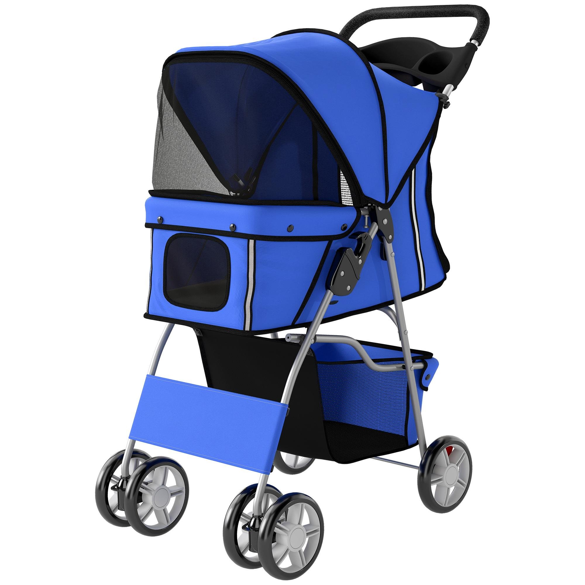 Blue Reflective Pet Stroller with Foldable Steel Frame