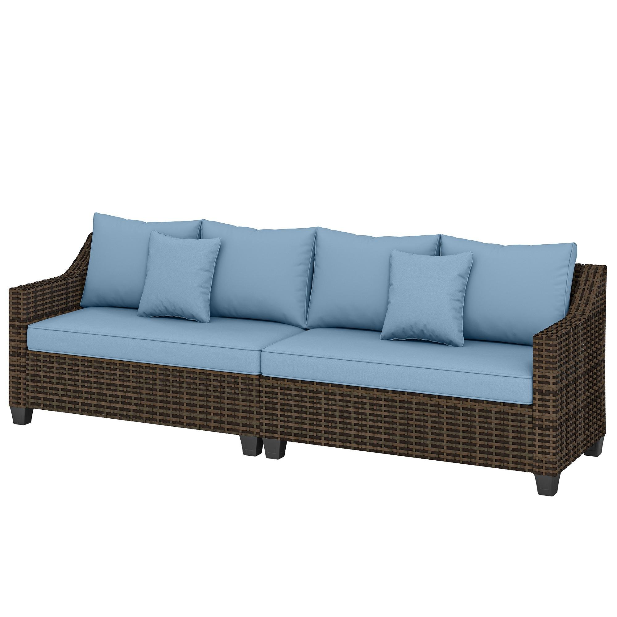 Blue Modular PE Wicker Sofa with Two Loveseats, 4-Seater