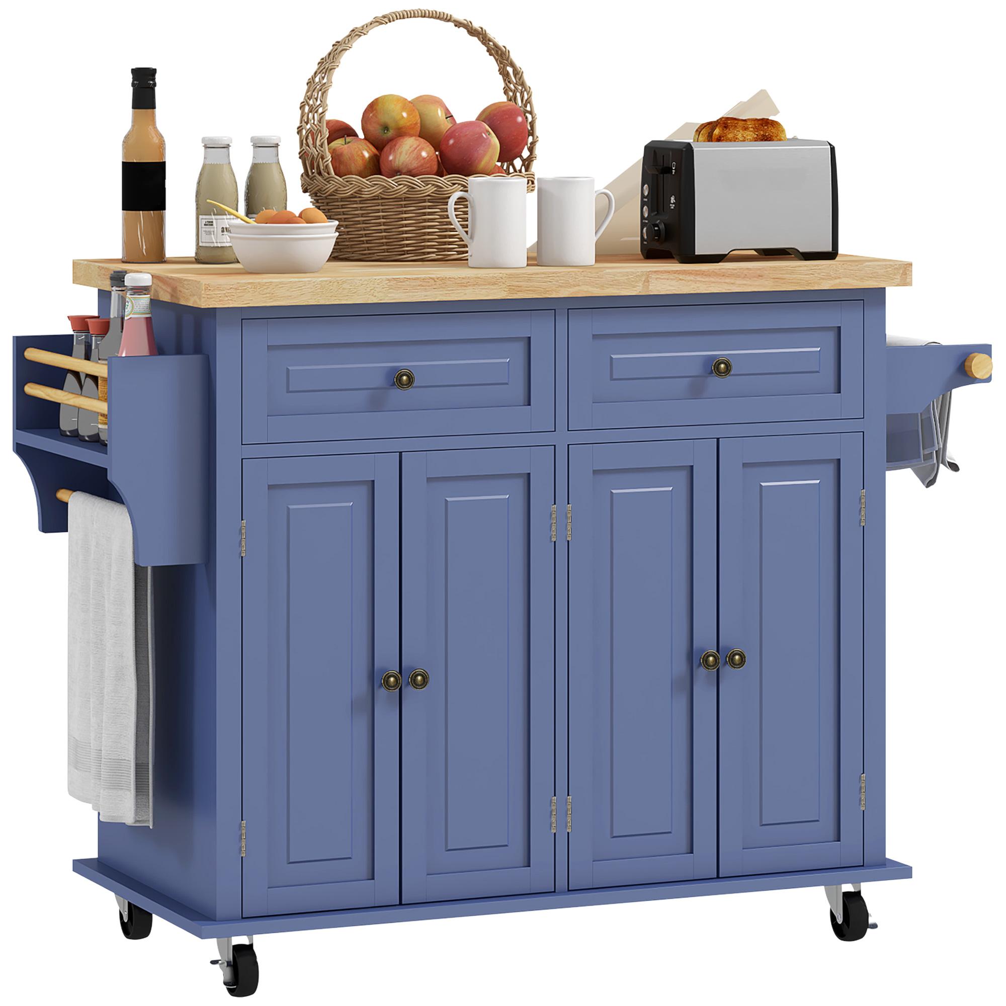 Blue Rubberwood Kitchen Trolley with Storage