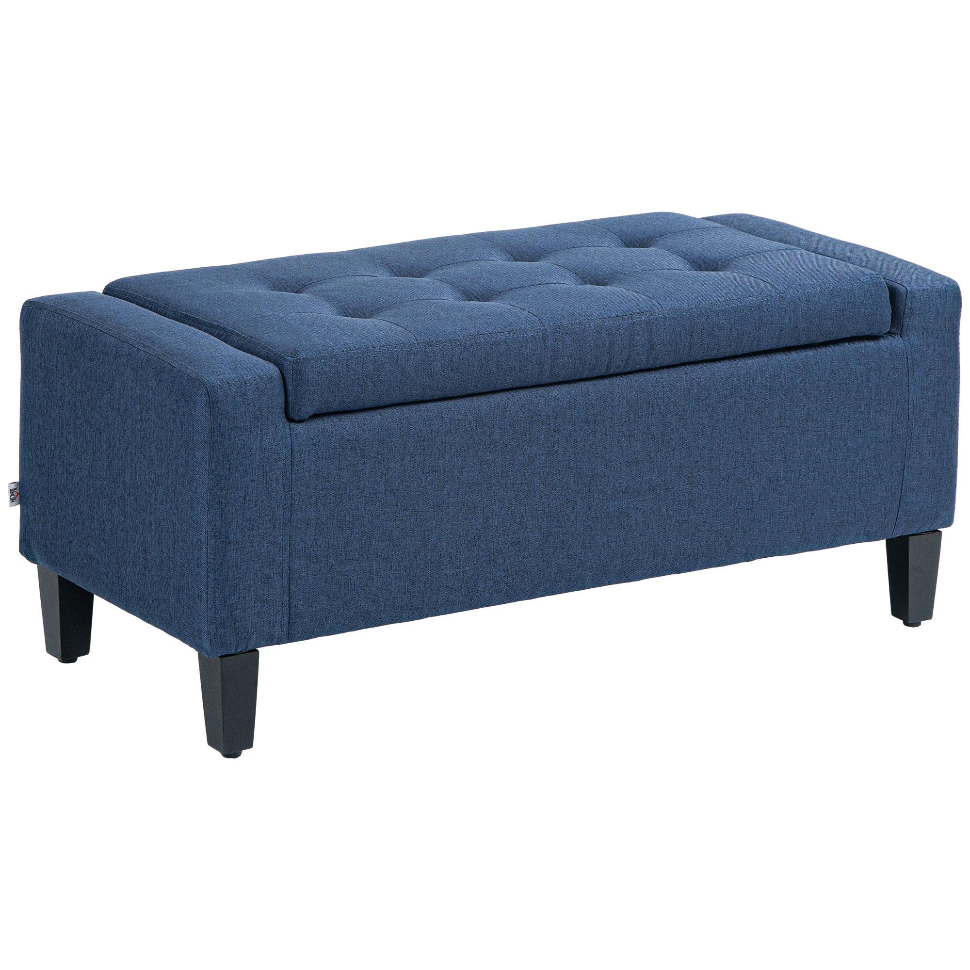 Blue Linen Storage Bench with Tufted Lid