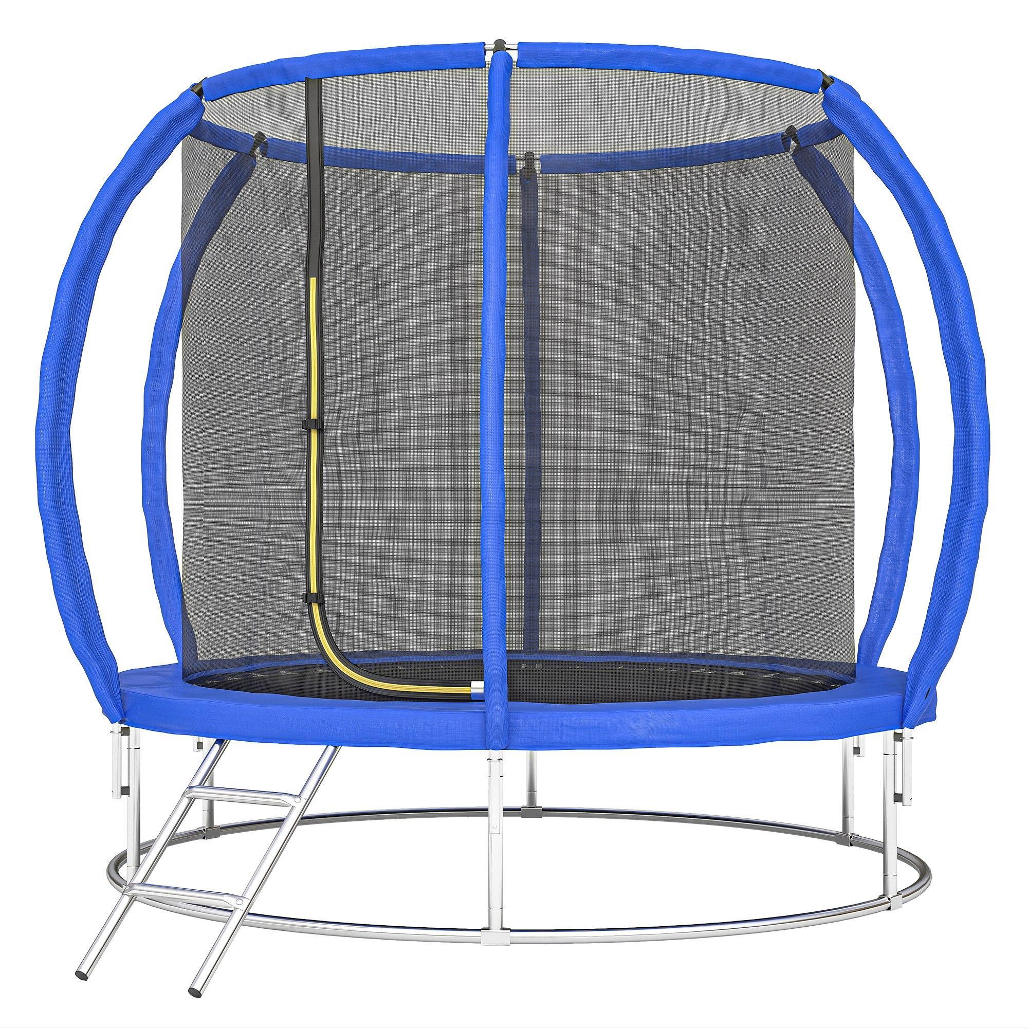 8 ft blue trampoline with circular base and enclosure net