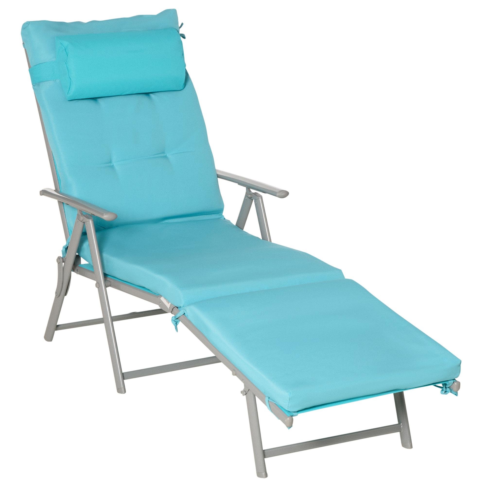 Blue padded patio lounger, 7-position folding chair for patios