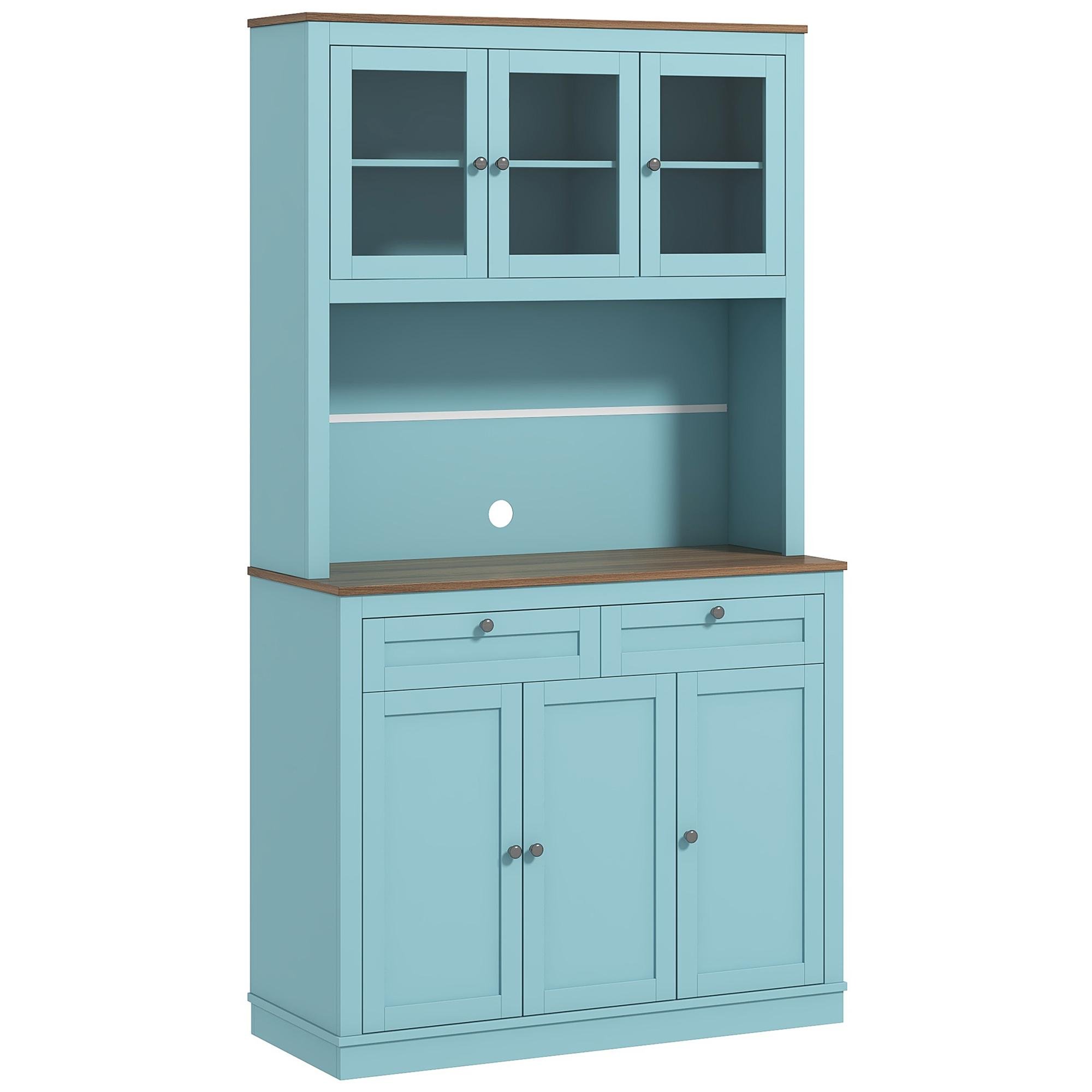 Blue Microwave Pantry Cabinet with Glass Doors