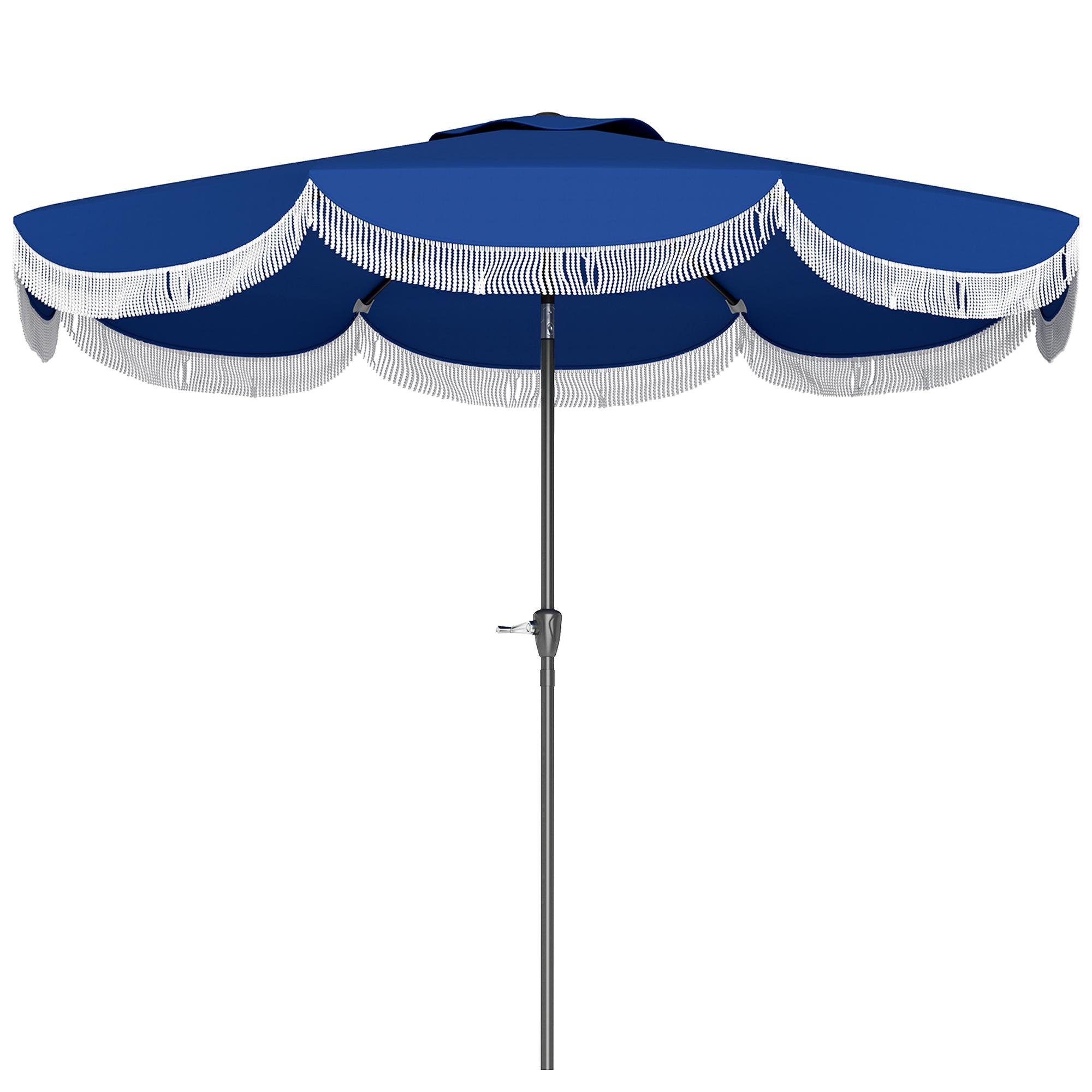 Blue Tassel Patio Umbrella, UPF 30+ Shade with Crank, 8.8 ft