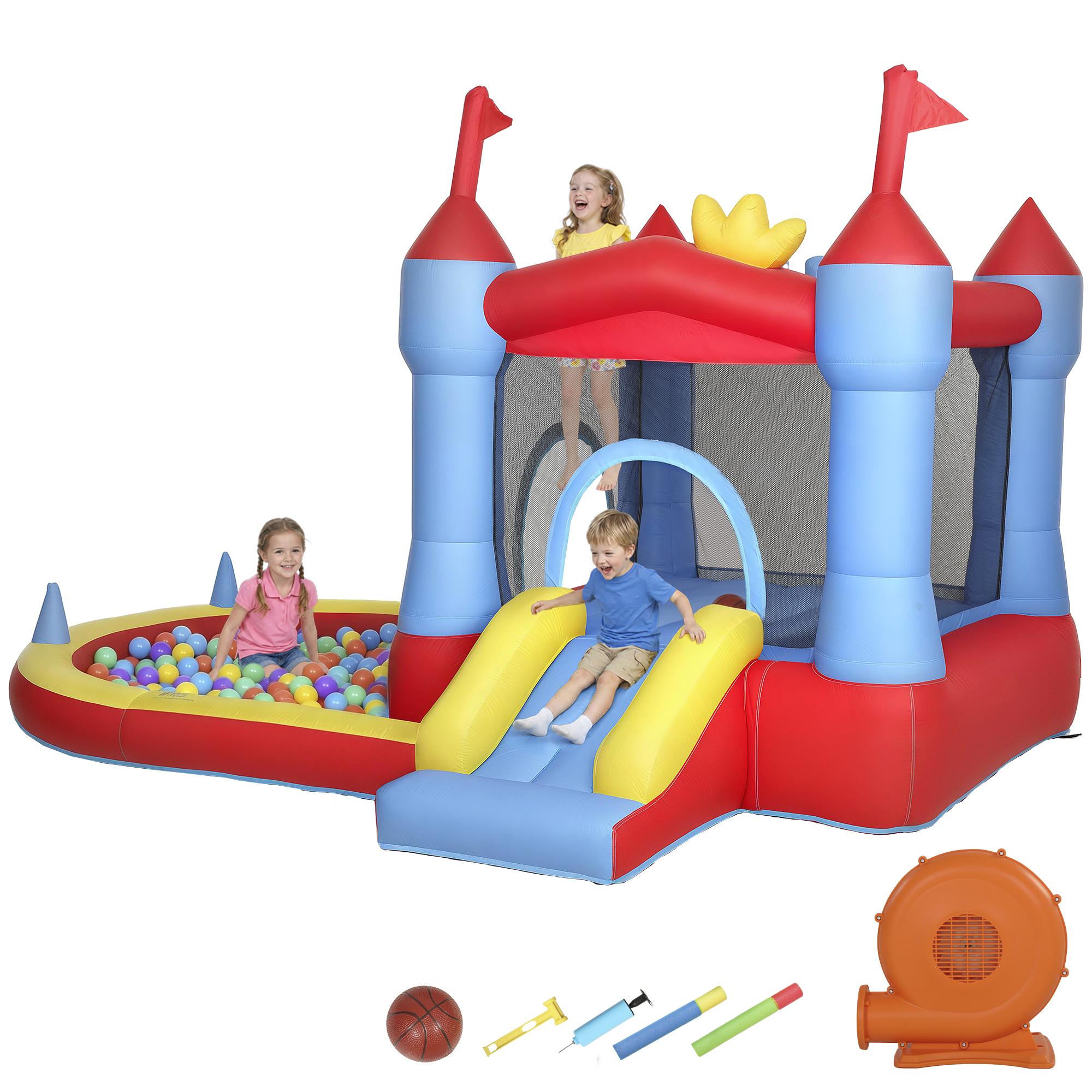 Blue Inflatable Bounce House with Slide, Pool and Hoop for Play