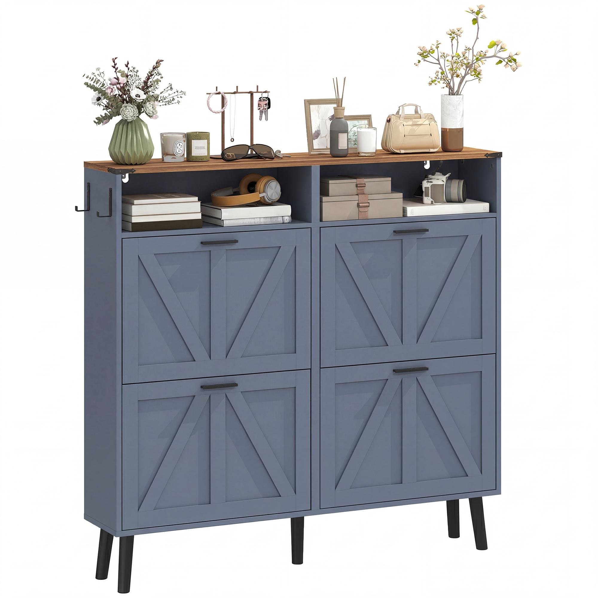 Blue 24 Pair Shoe Cabinet with 4 Flip Drawers, 24-Pair Capacity