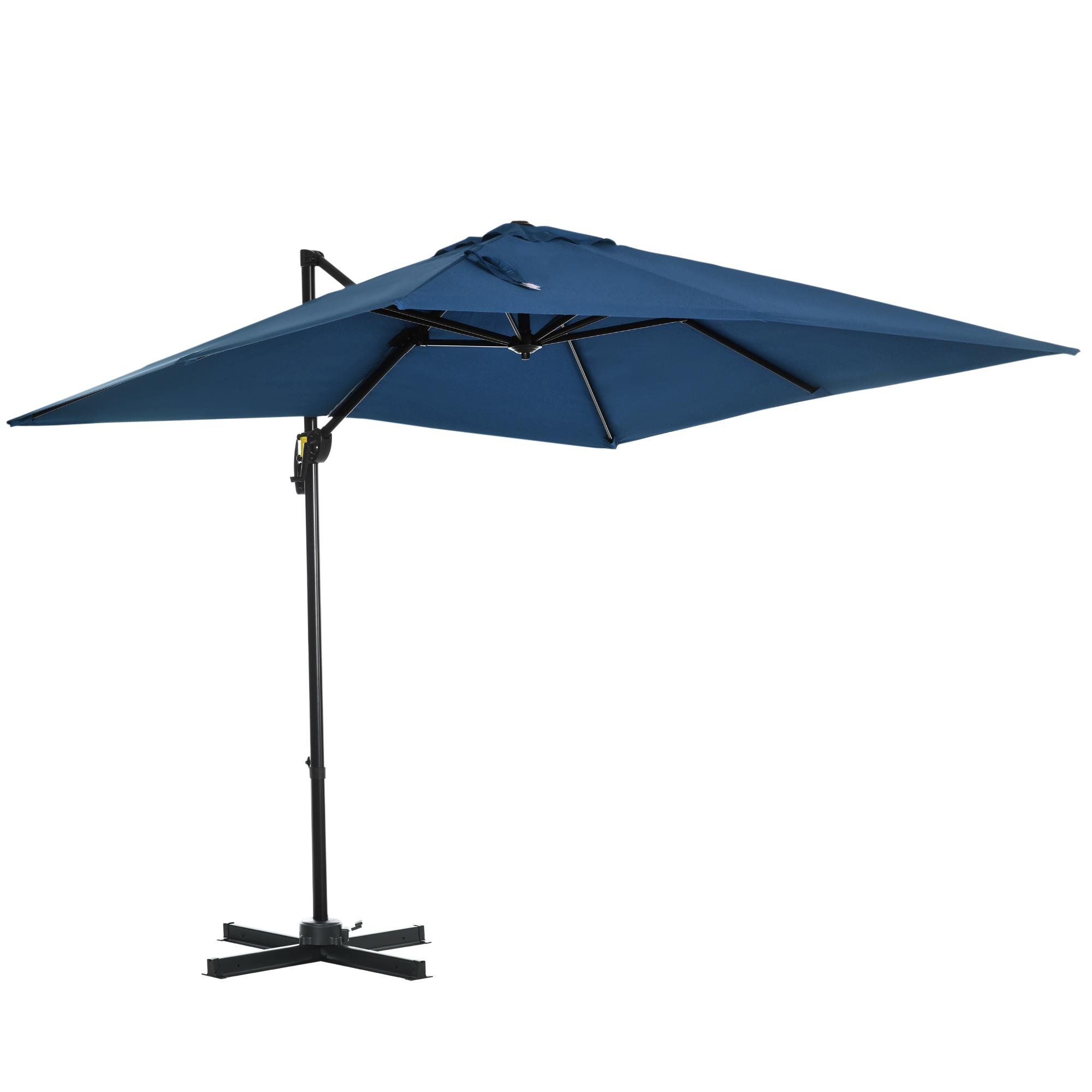 blue 8 ft offset umbrella with 360° rotation, 8 x 8 ft