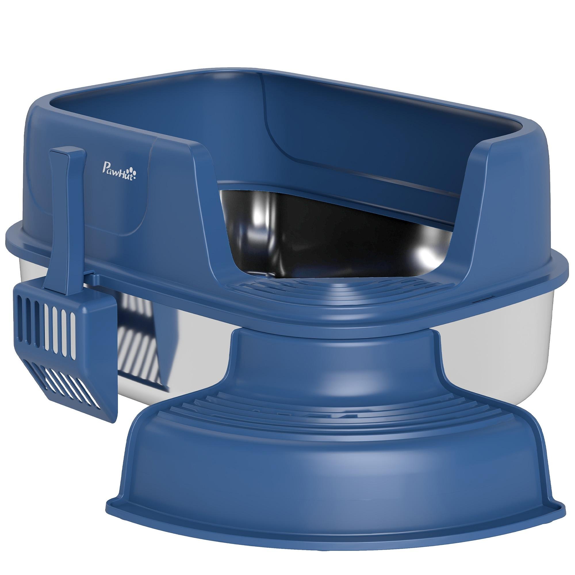 blue stainless litter box with high sides for cats up to 15 lb