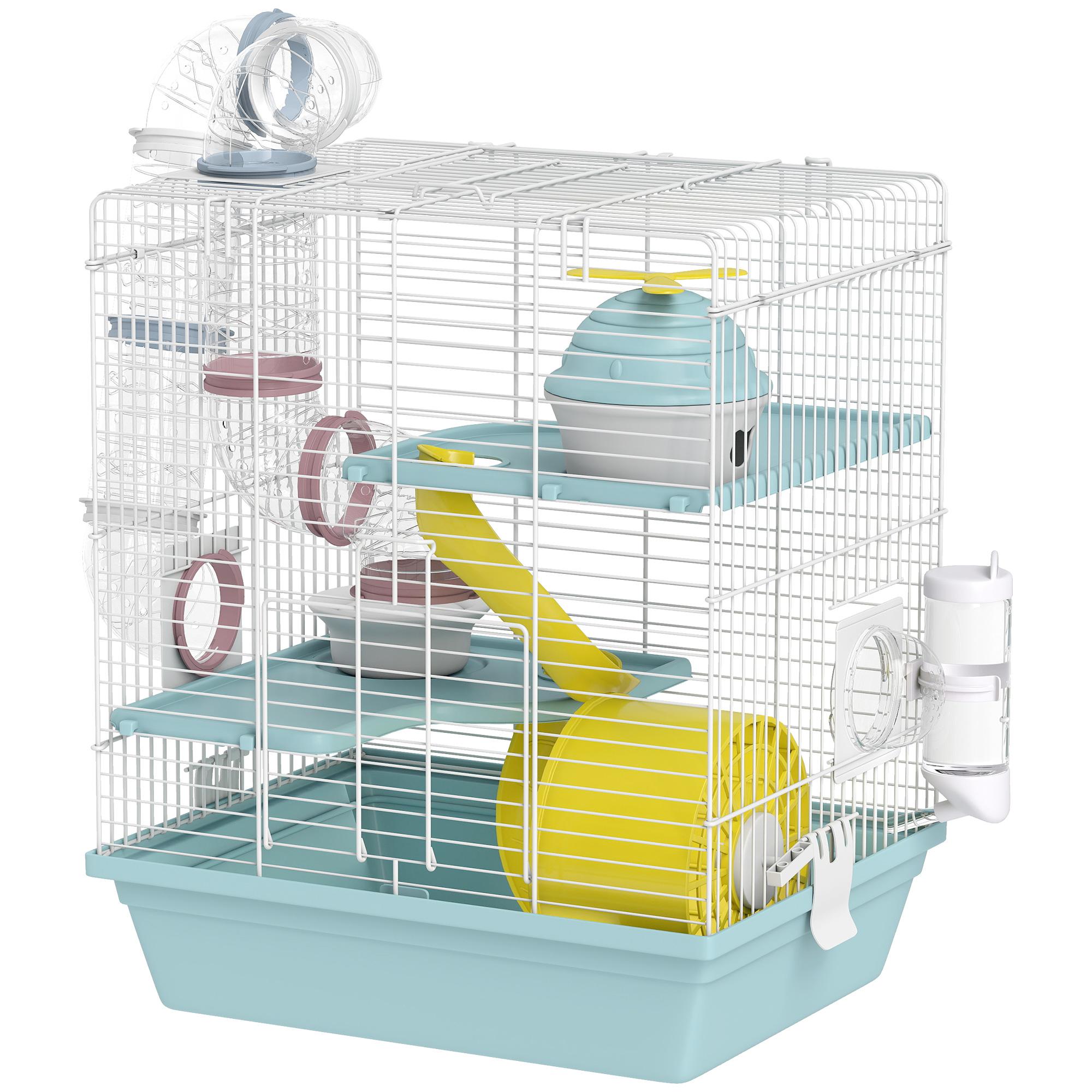 Blue Vertical Hamster Cage with Wheel and Tubes
