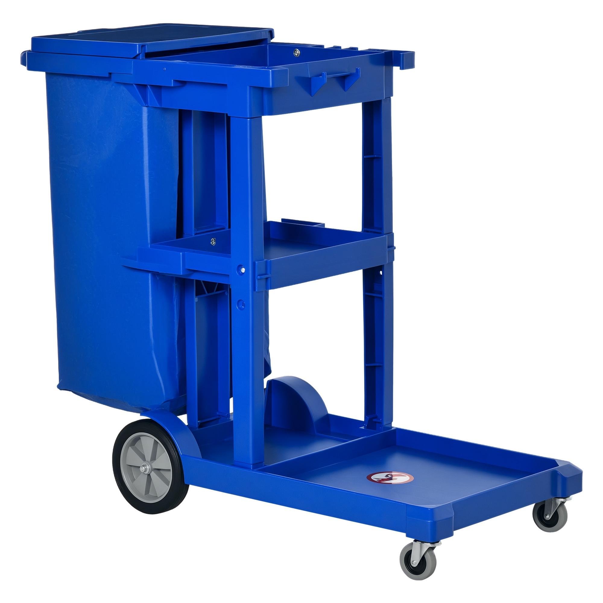Blue 3-Tier Janitorial Cart with Lid and Mop Mount