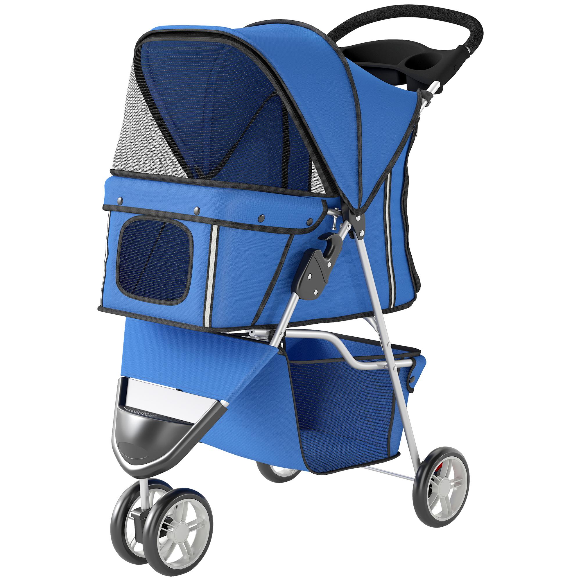 Blue Small Dog Stroller, Foldable 3-Wheel Design