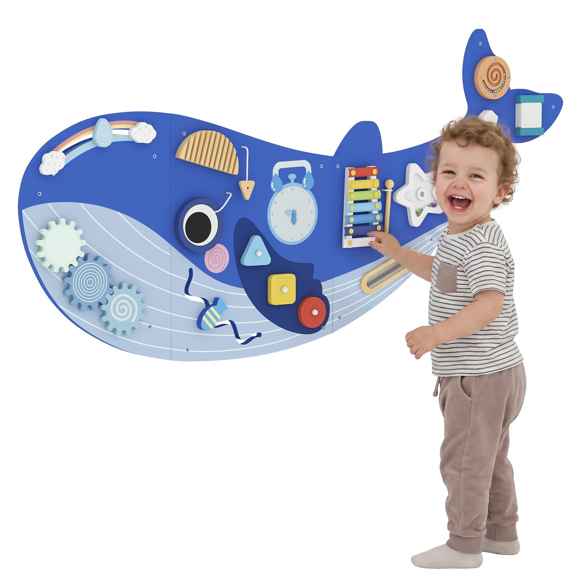 Blue Whale Wall Busy Board, 13-in-1 Montessori Panel