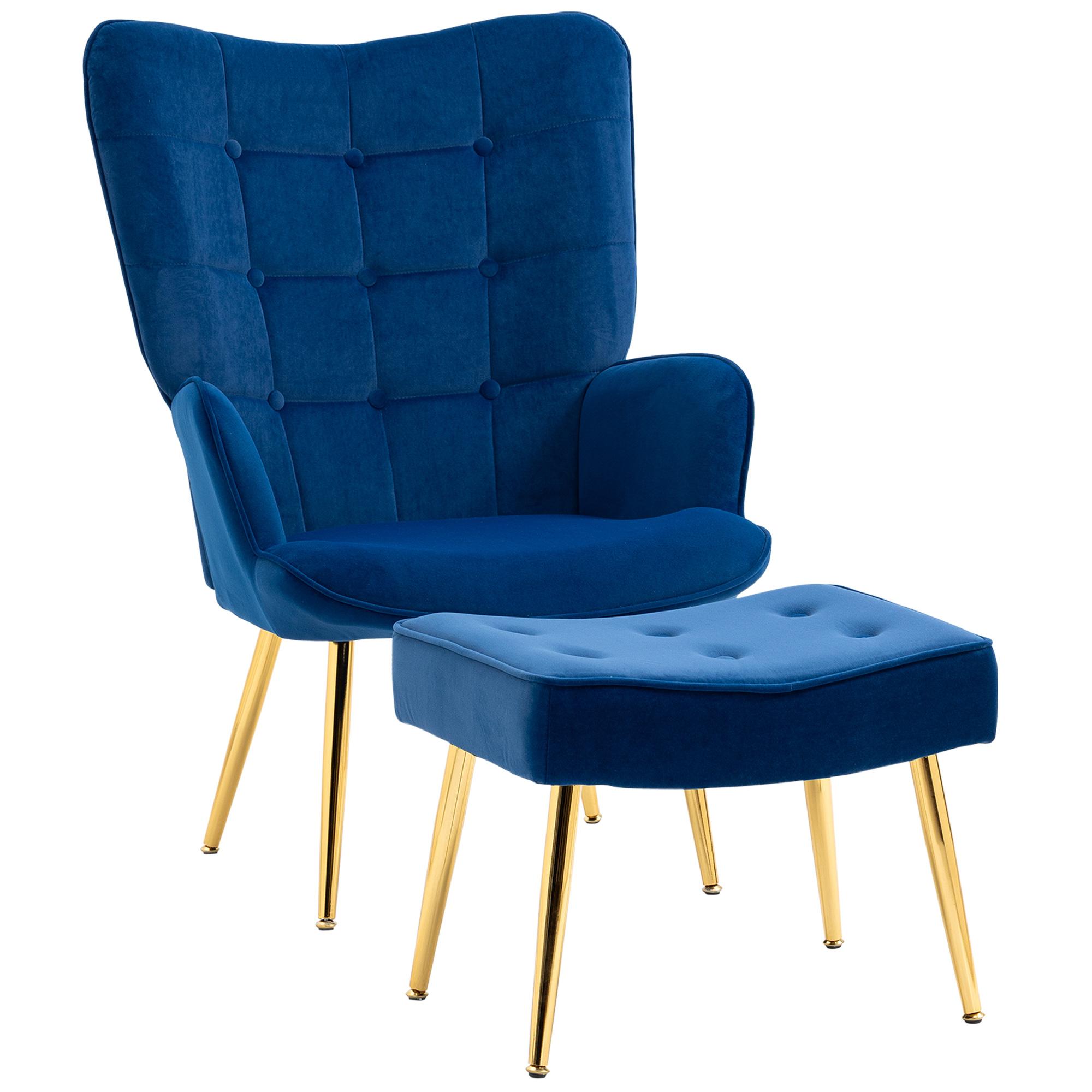 Blue Polyester Wingback Chair with Ottoman, Gold Legs