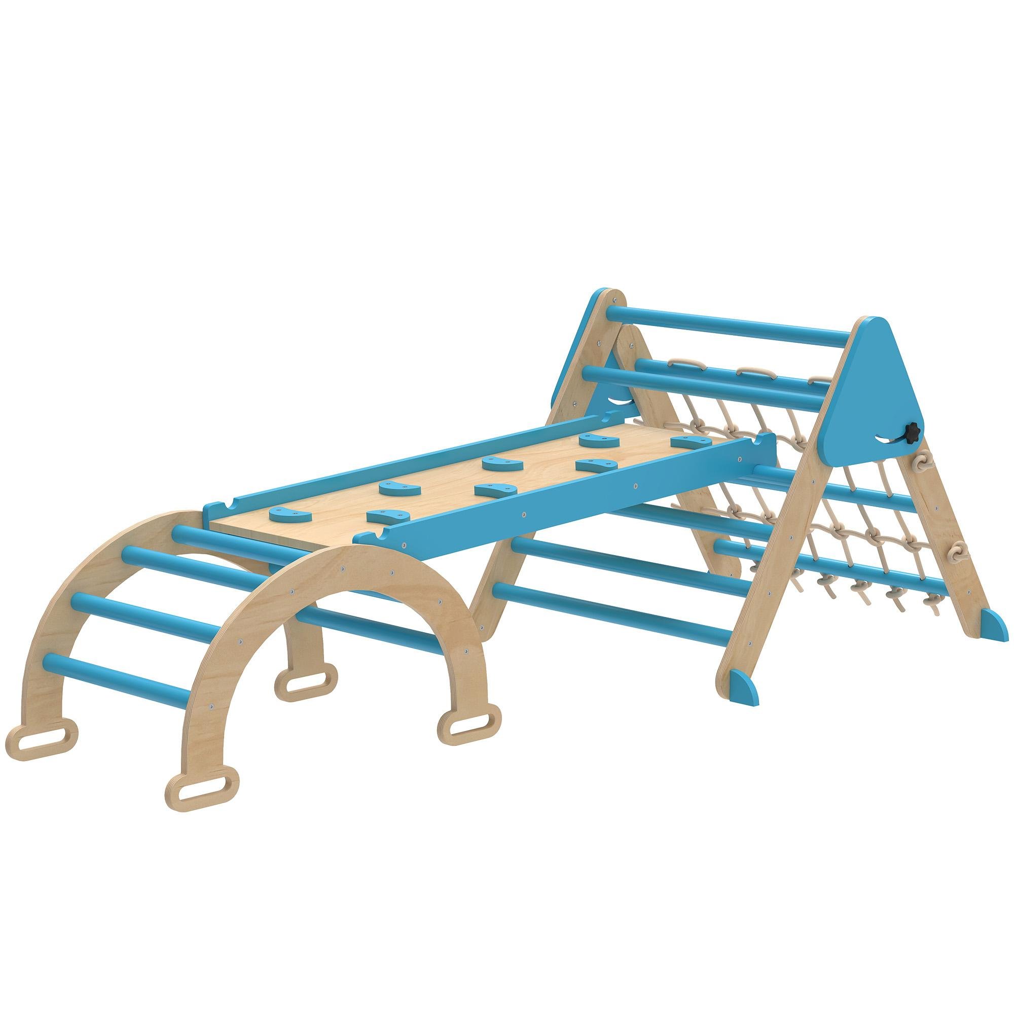blue foldable wooden climber, 8-in-1 toddler play set