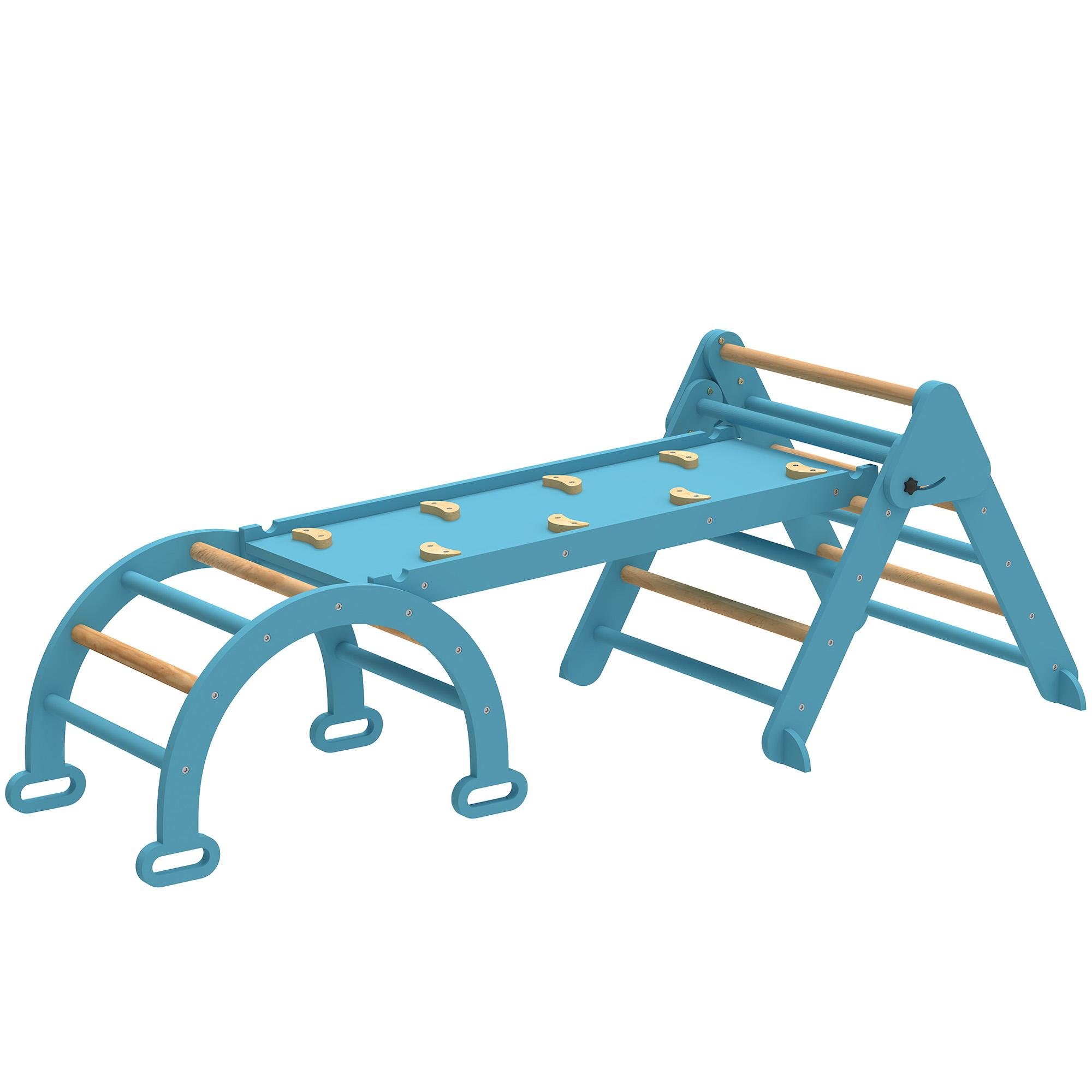 Blue Wooden Pikler Triangle Set, Foldable 7-in-1 Toddler Gym