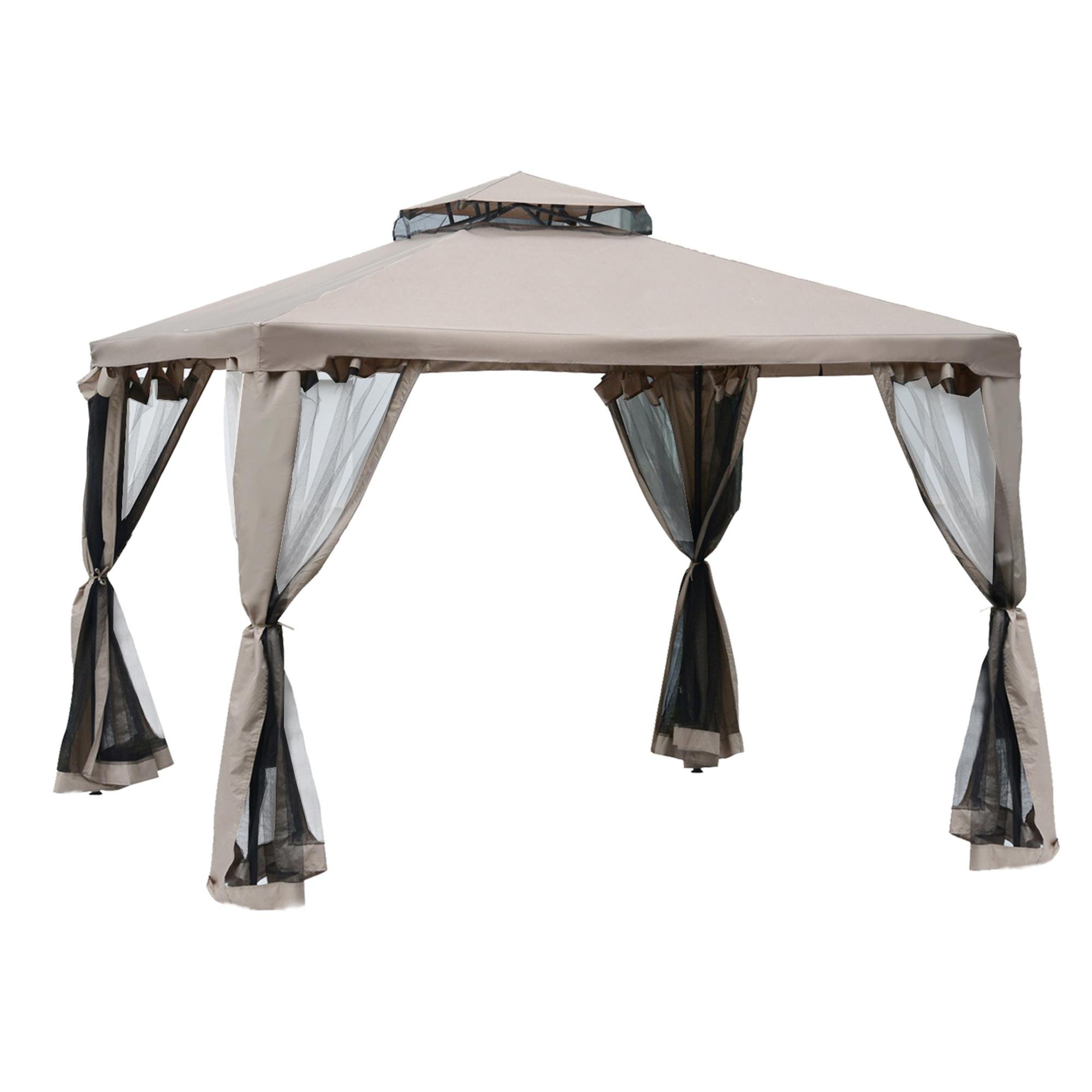 Brown 10x10 Screened Gazebo with Two-Tier Roof