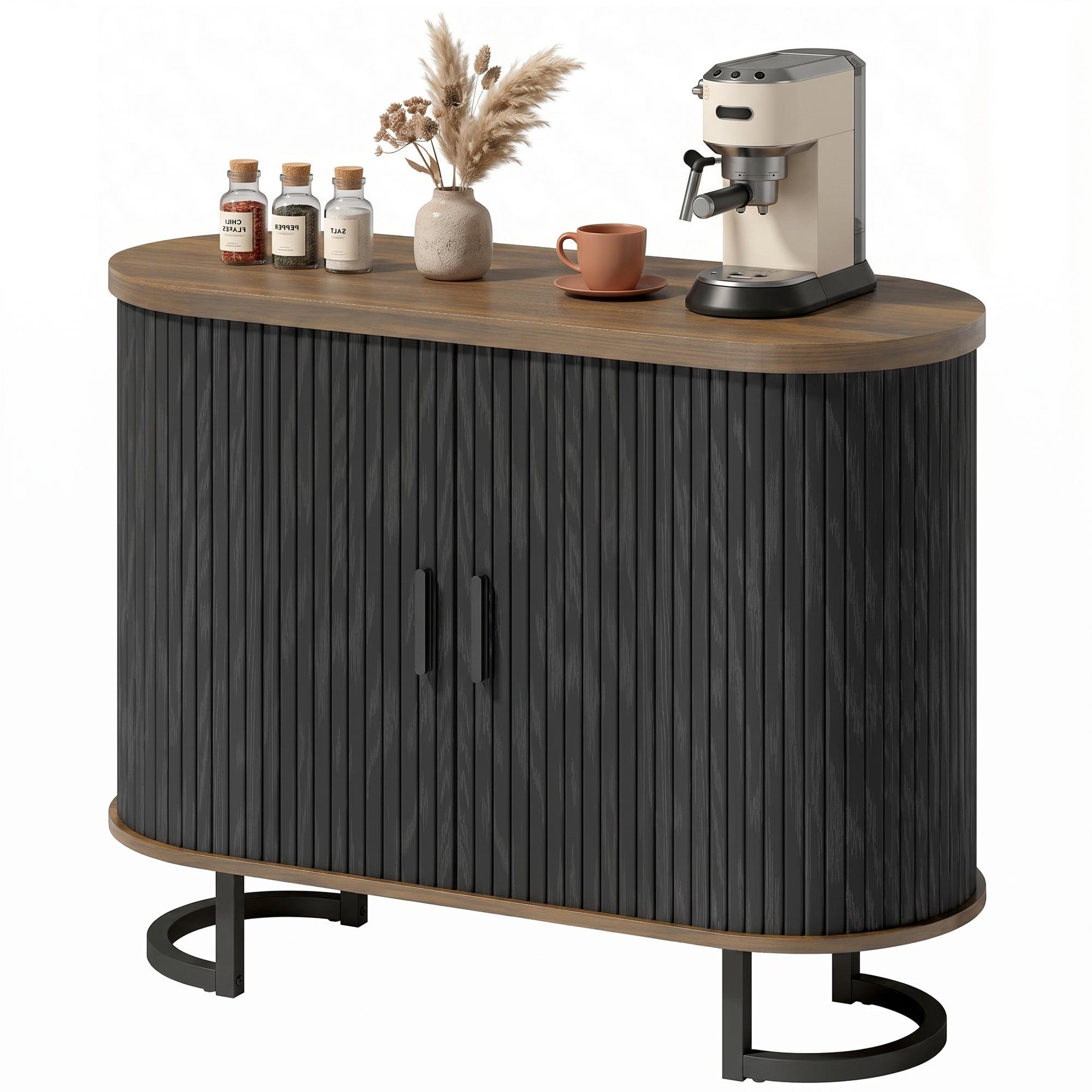 Brown Black Arc Buffet Cabinet with Tambour Doors